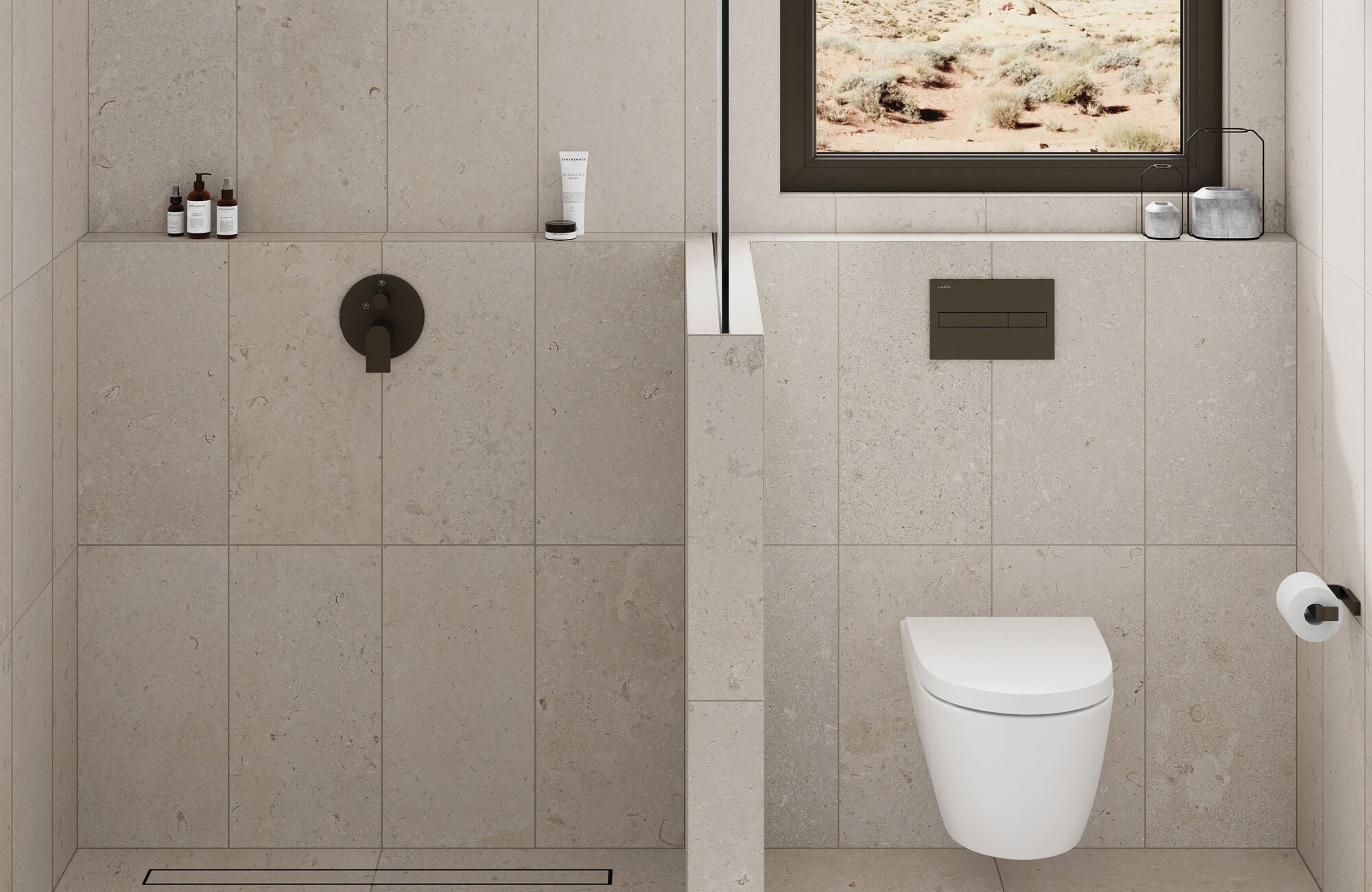 Neutral stone-look tiles cover the walls of a modern bathroom, featuring a minimalist shower and floating toilet design that enhances the space's simplicity and elegance.