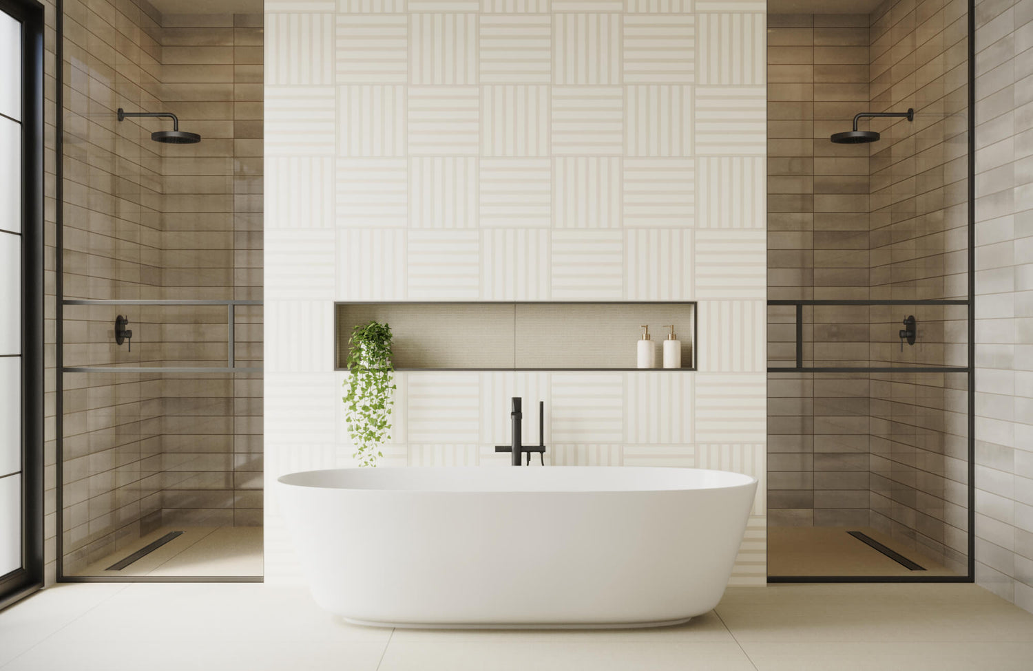 Minimalist bathroom with a freestanding tub, striped feature wall, dual showers, and black fixtures.