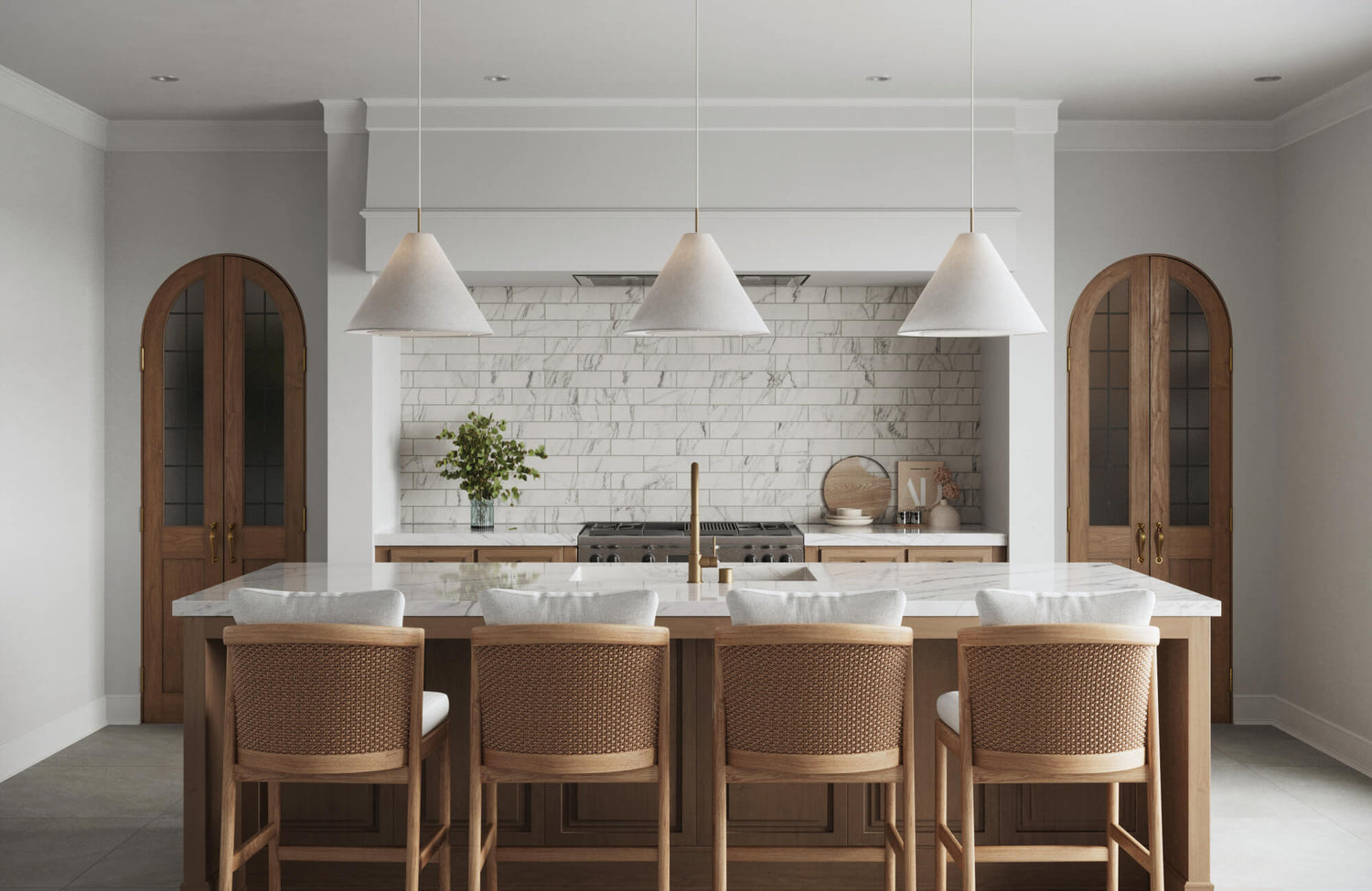 Elegant kitchen with white subway tile backsplash, marble countertops, and wooden accents, offering a blend of modern and rustic charm.