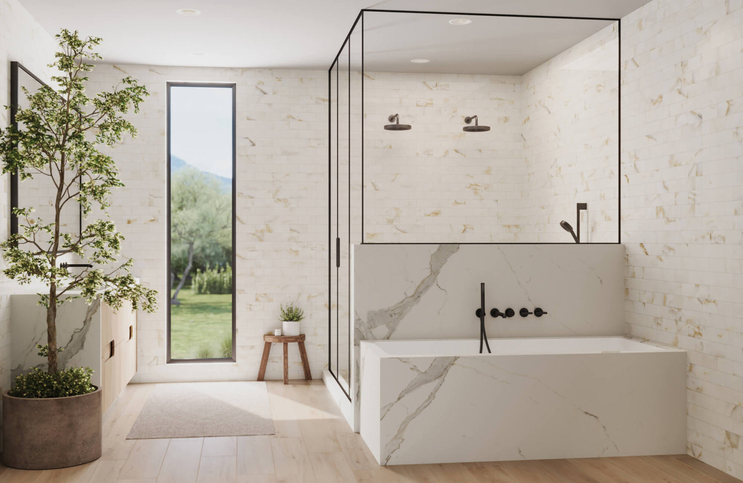 A serene bathroom showcasing creamy beige marble-look tiles paired with sleek black fixtures. A frameless glass shower complements the luxurious soaking tub wrapped in veined marble slabs. 