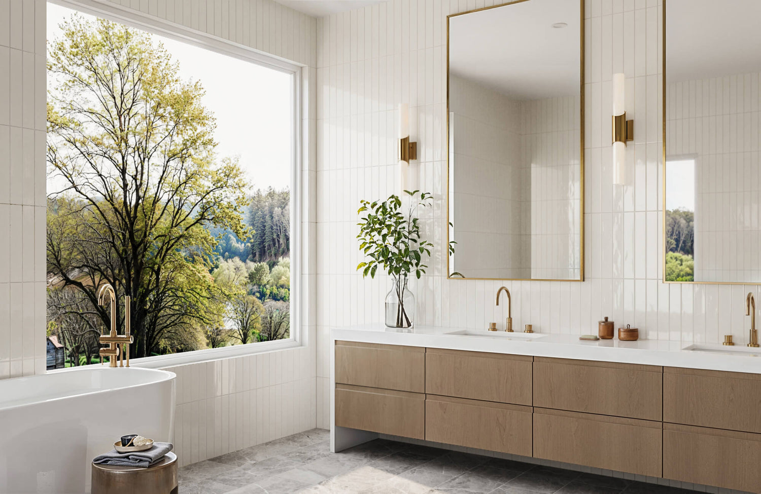 Bright, modern bathroom featuring vertical white ceramic tiles, sleek wood cabinetry, gold fixtures, and a large window with a scenic forest view.