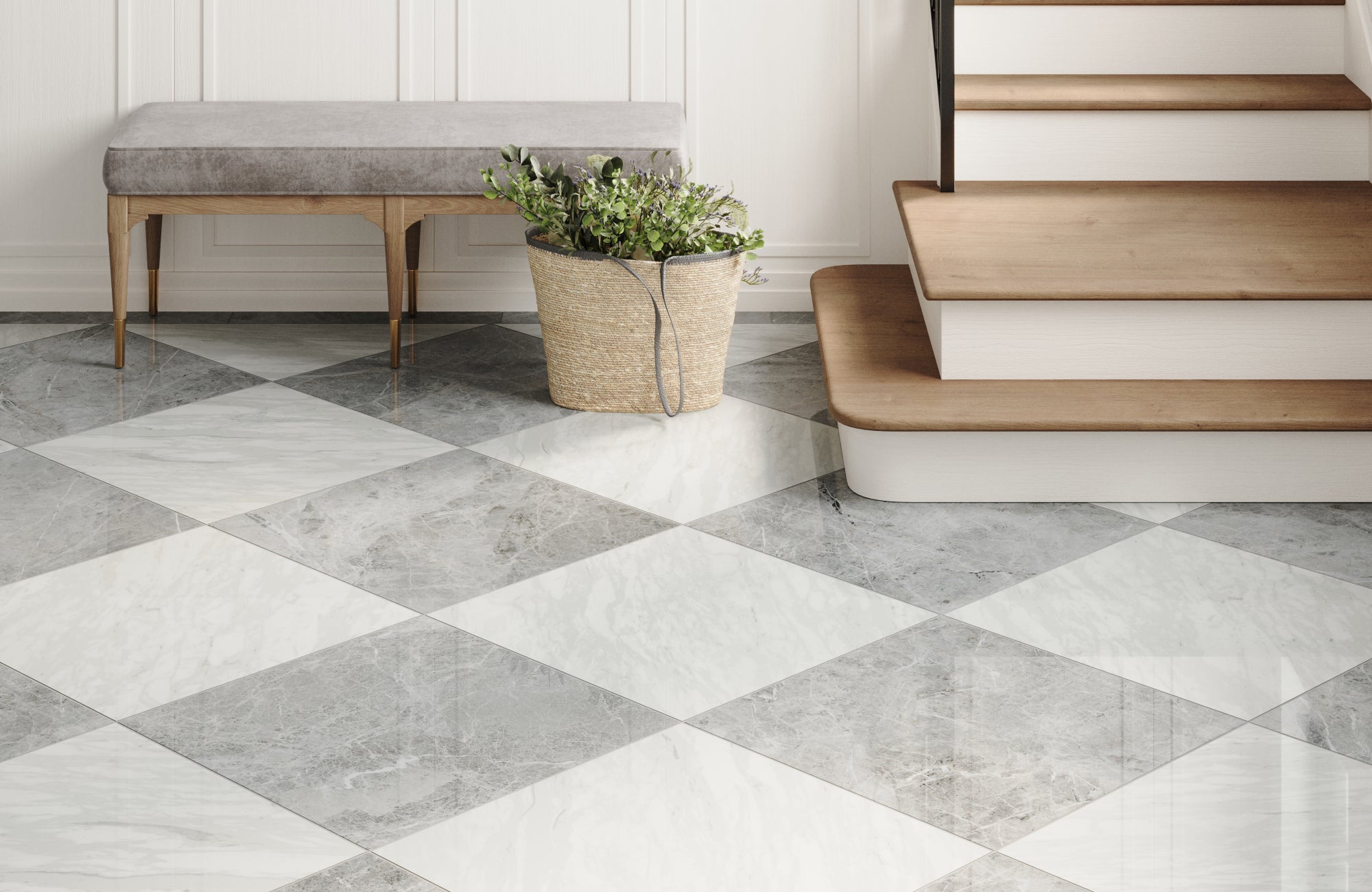 Elegant entryway featuring a checkerboard marble floor, a soft gray bench, and a woven basket with greenery next to wooden stairs.