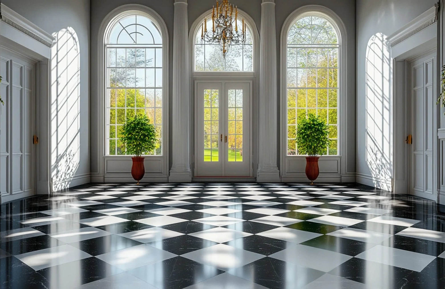 Elegant black-and-white checkerboard marble tile flooring in a grand entryway with tall arched windows and lush greenery.