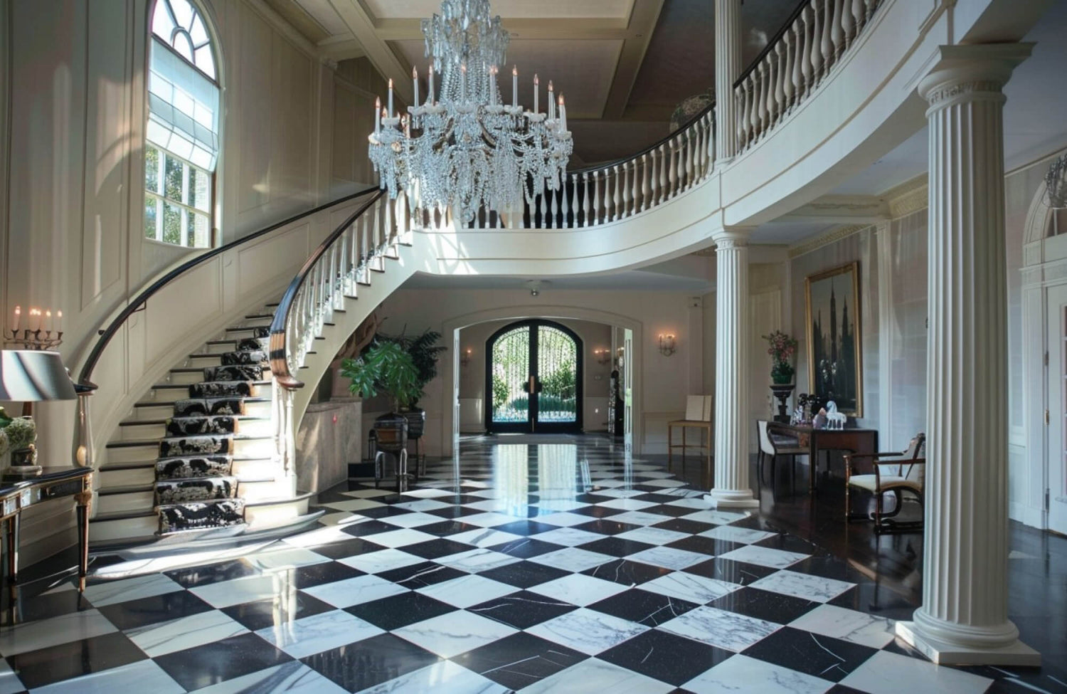 Grand foyer with a stunning black and white checkerboard marble floor hallway, featuring a sweeping staircase, crystal chandelier, and elegant decor.