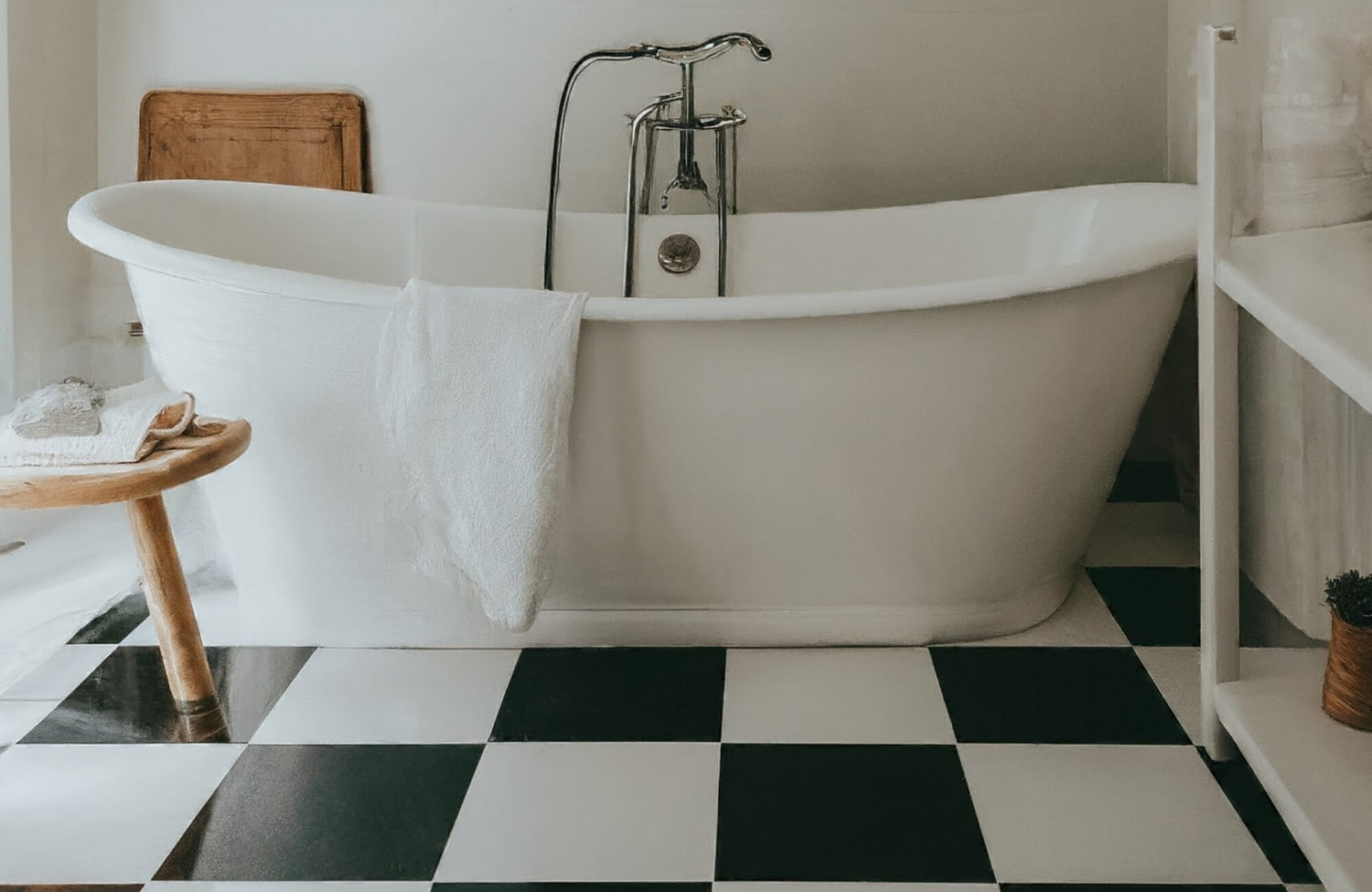 Vintage-style bathroom with a freestanding white bathtub on a classic black and white checkered tile floor, exuding timeless elegance.