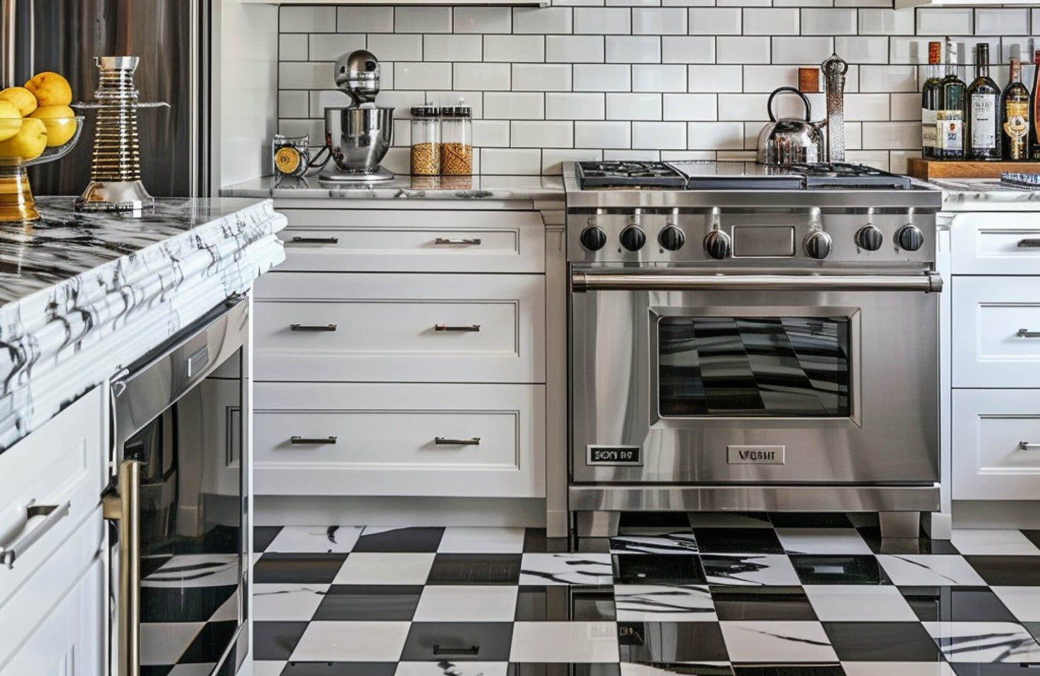 Modern kitchen with glossy black-and-white marble look checkered floor tiles, subway tile backsplash, and stainless steel appliances.