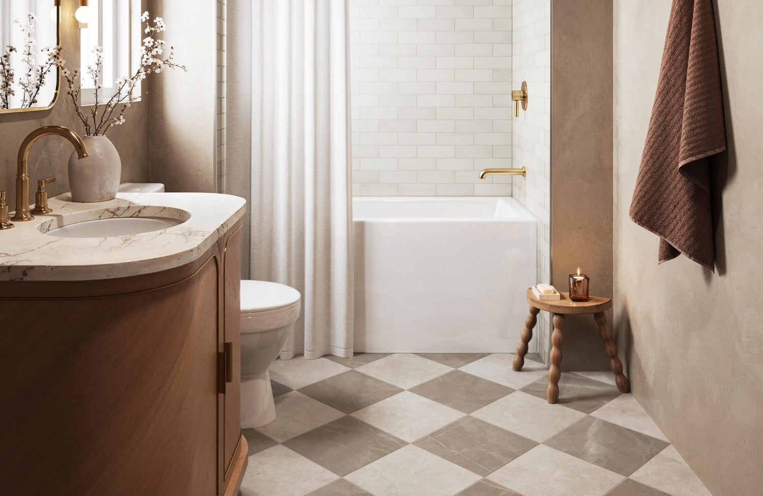 Elegant bathroom with marble-look checkered floor tiles, warm brass fixtures, and a curved vanity, creating a cozy yet sophisticated space.