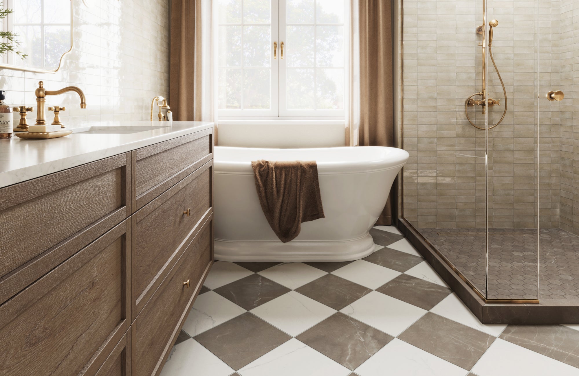 Warm bathroom featuring classic white and grey checkerboard floor tiles, complemented by wood cabinetry, a freestanding tub, and brass fixtures.