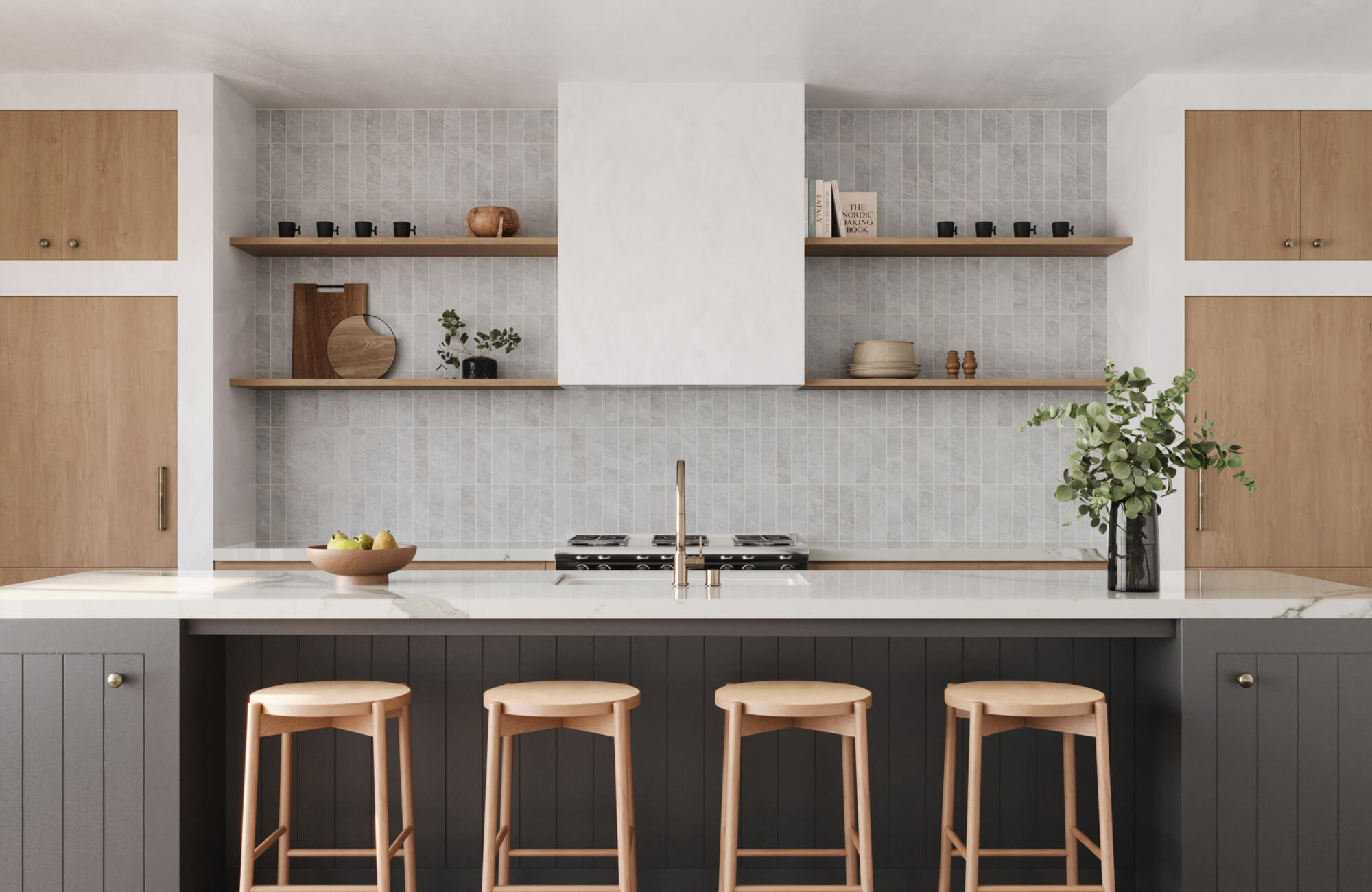 Modern kitchen with muted grey subway tiles and natural wood accents