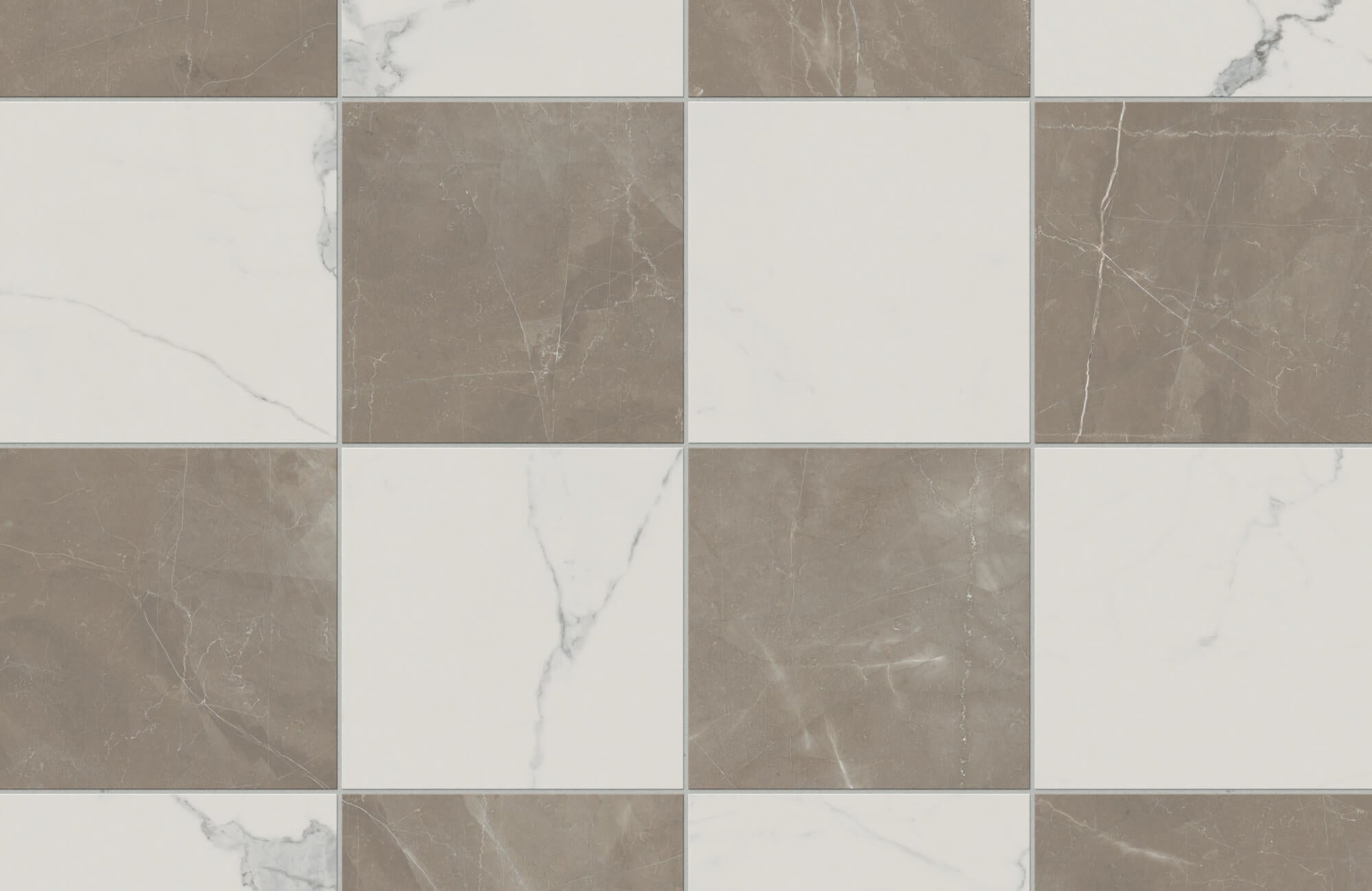 Elegant checkerboard tiles with a natural stone look, featuring alternating beige and white squares with subtle veining, ideal for adding a classic yet modern touch to floors or walls. 