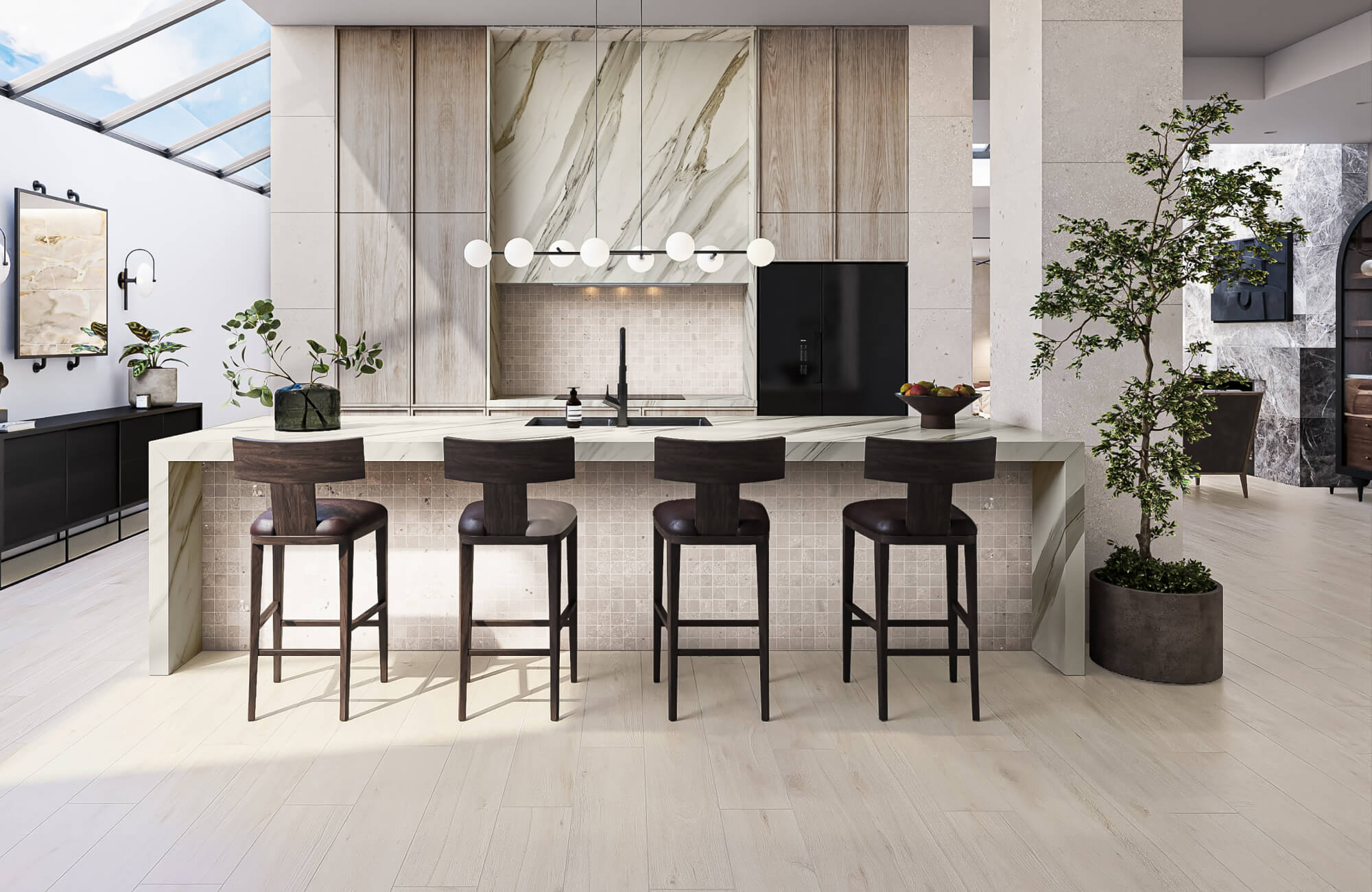 Modern kitchen with sleek wood-look tile flooring, featuring a stylish island with dark barstools, light cabinetry, and a marble backsplash, creating a clean and contemporary design.