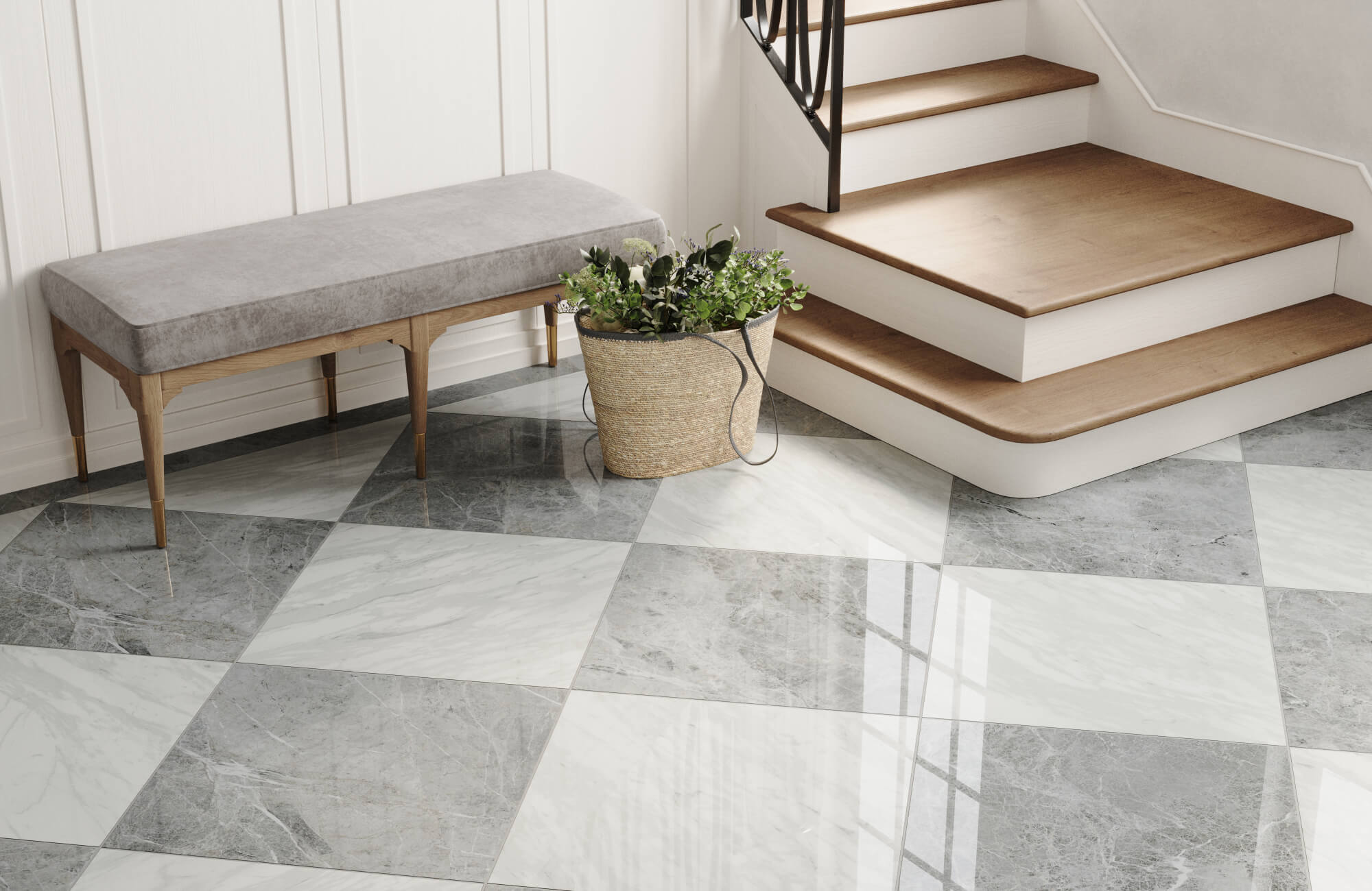 Charming entryway featuring a modern gray and white checkerboard tile floor, paired with a cozy bench and a wooden staircase, creating a welcoming and stylish ambiance.