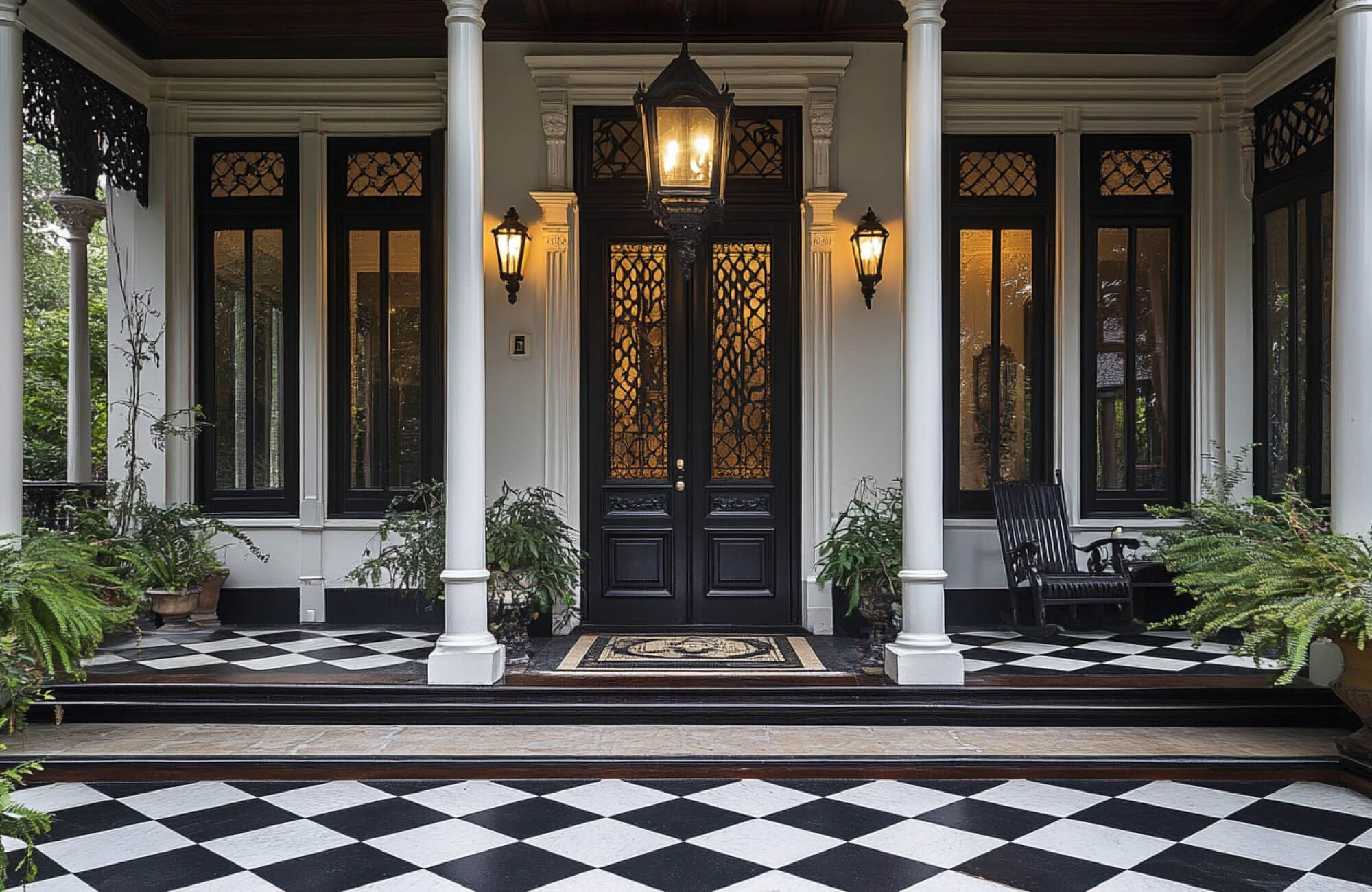 Elegant black-and-white checkered tile floor enhances the entryway of this classic veranda. 