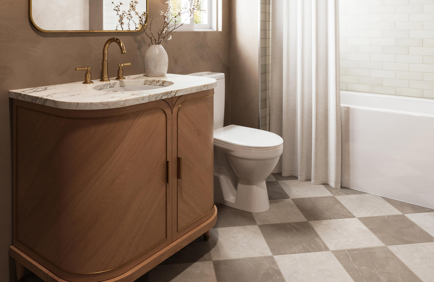 Chic bathroom with neutral-tone checkerboard tiles, a curved wooden vanity with a marble top, and brass accents, creating a balance of elegance and warmth.