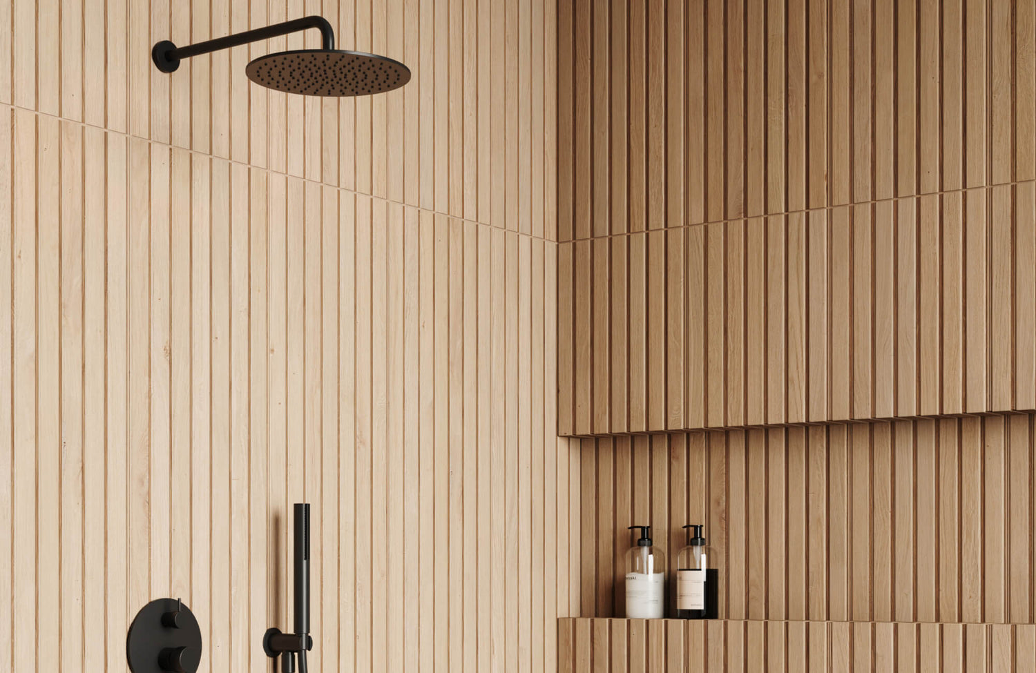 Minimalist shower with light wood-look tiles featuring vertical grooves, complemented by sleek black fixtures and built-in shelving.