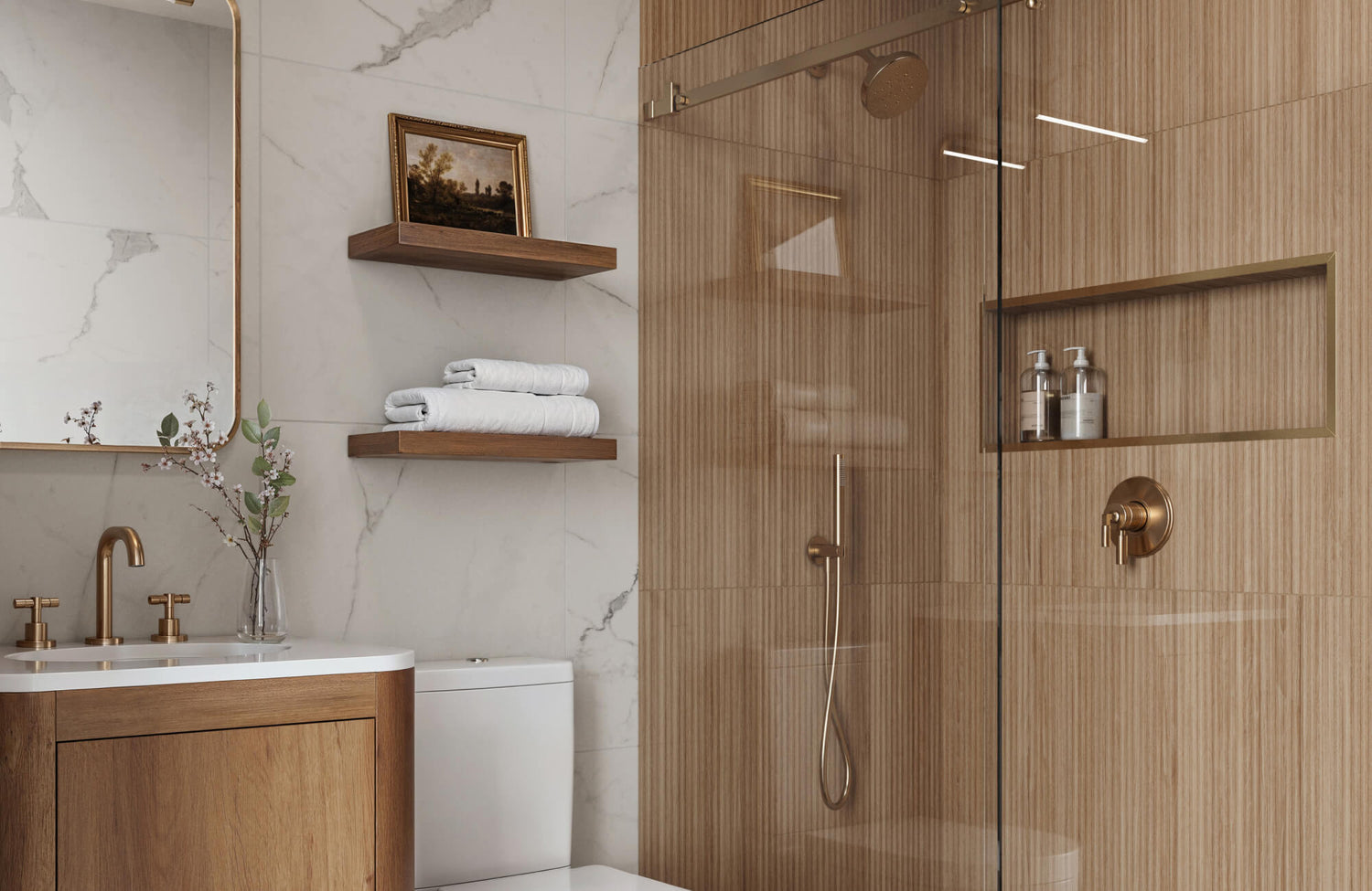 Elegant bathroom featuring wood-look tiles on the shower walls, marble-patterned tiles, and gold accents for a refined, cozy aesthetic.