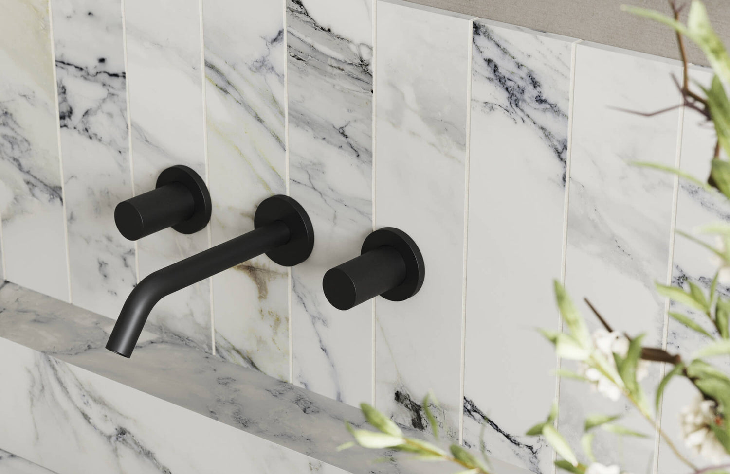 Close-up of a black matte faucet against a backdrop of sleek, white marble tiles in a thin grout with subtle veining for a modern bathroom aesthetic.