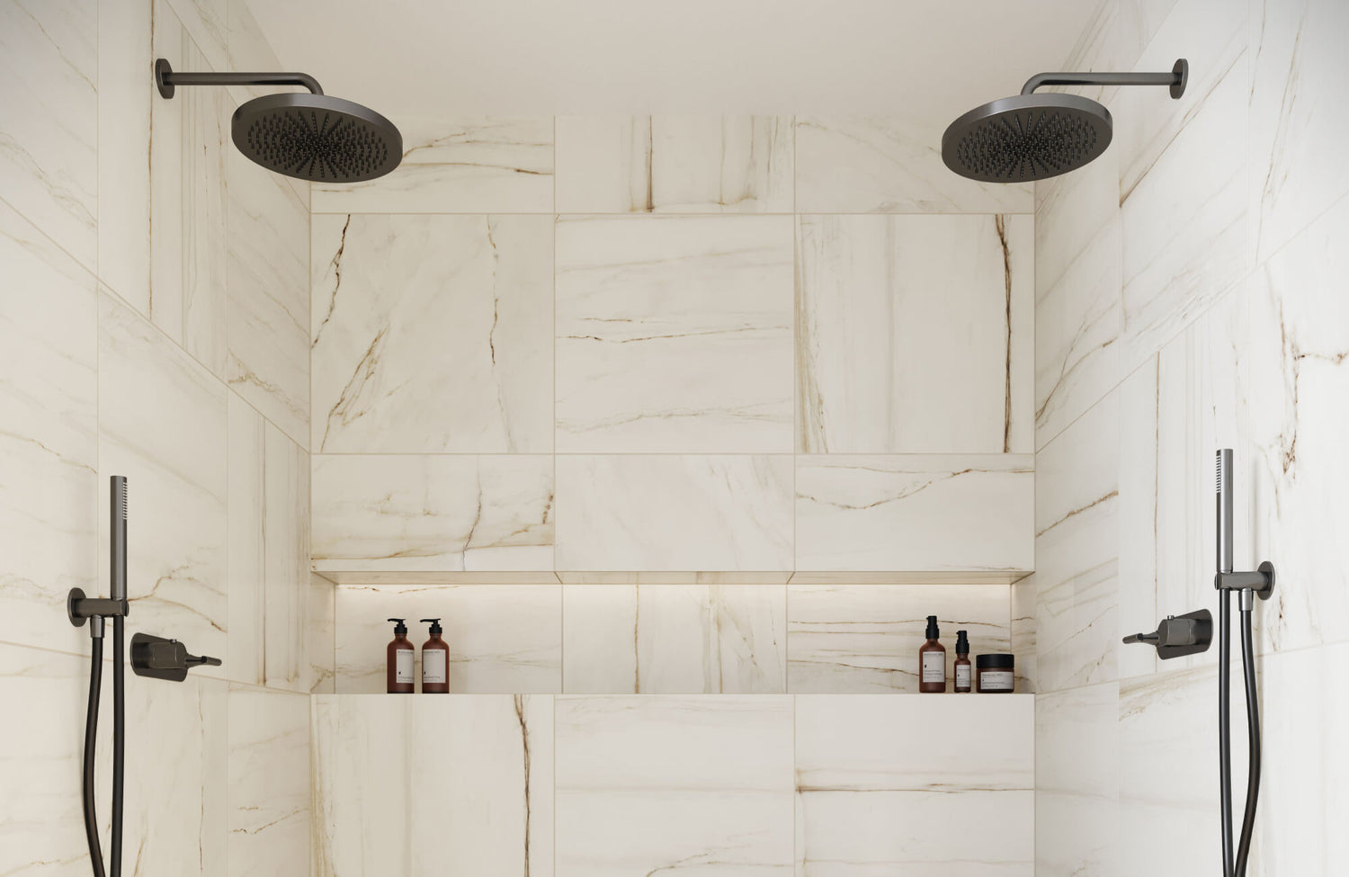 Modern shower with large-format marble-look tiles in soft cream tones, complemented by sleek black fixtures and built-in shelving, creating a luxurious and minimalist design.