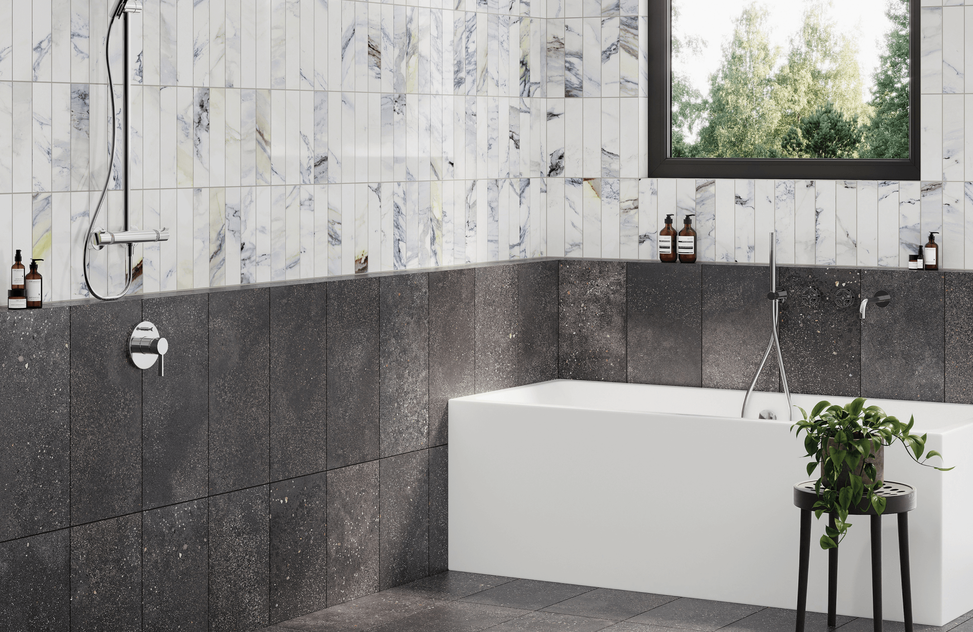 Luxurious bathroom with a striking contrast of white marble subway tiles with gray veining on the upper walls and sleek, dark gray textured tiles on the lower half and floor.