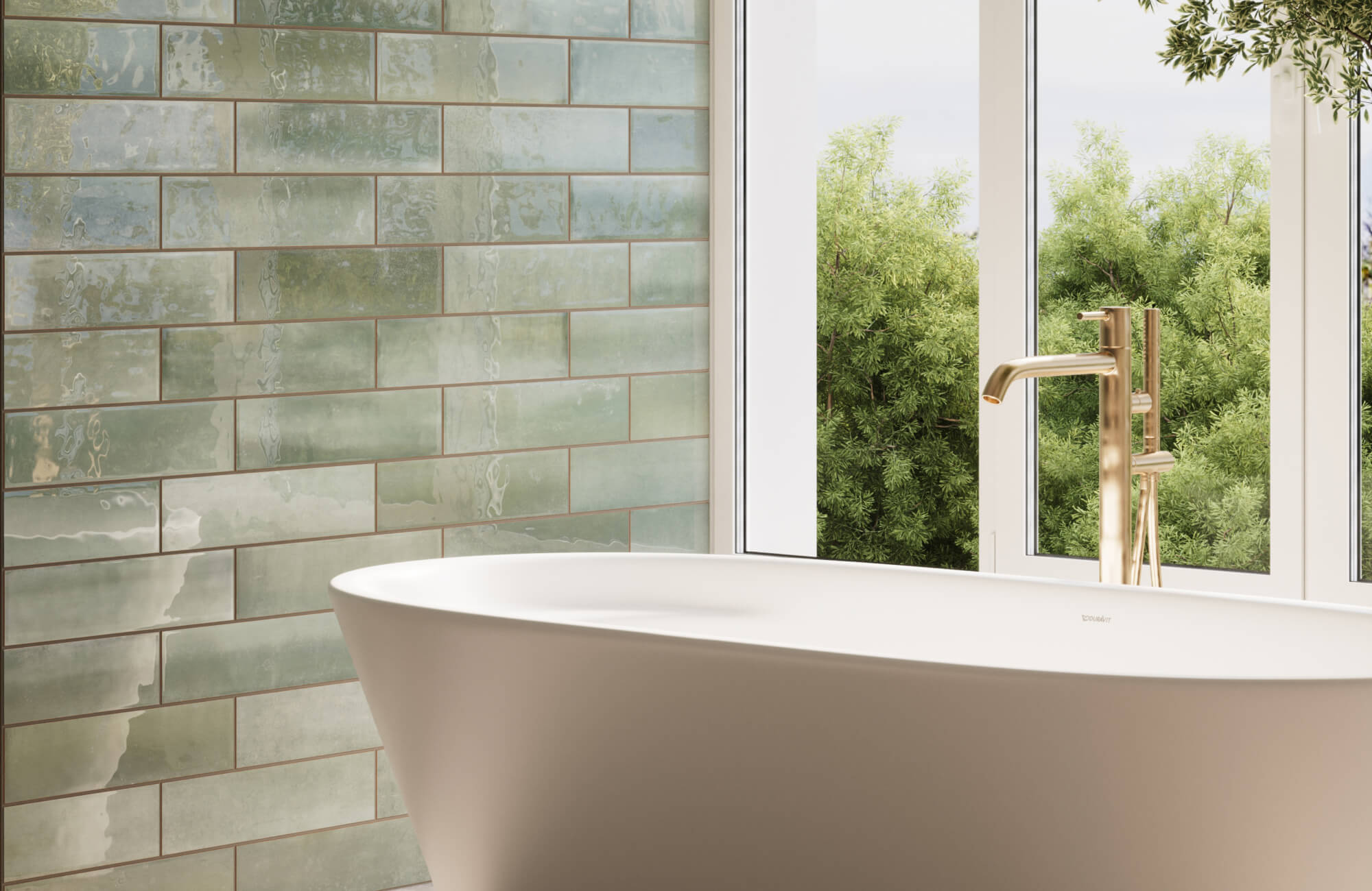 Modern bathroom with glossy green subway tiles and a sleek freestanding tub, complemented by a gold faucet and serene outdoor views.