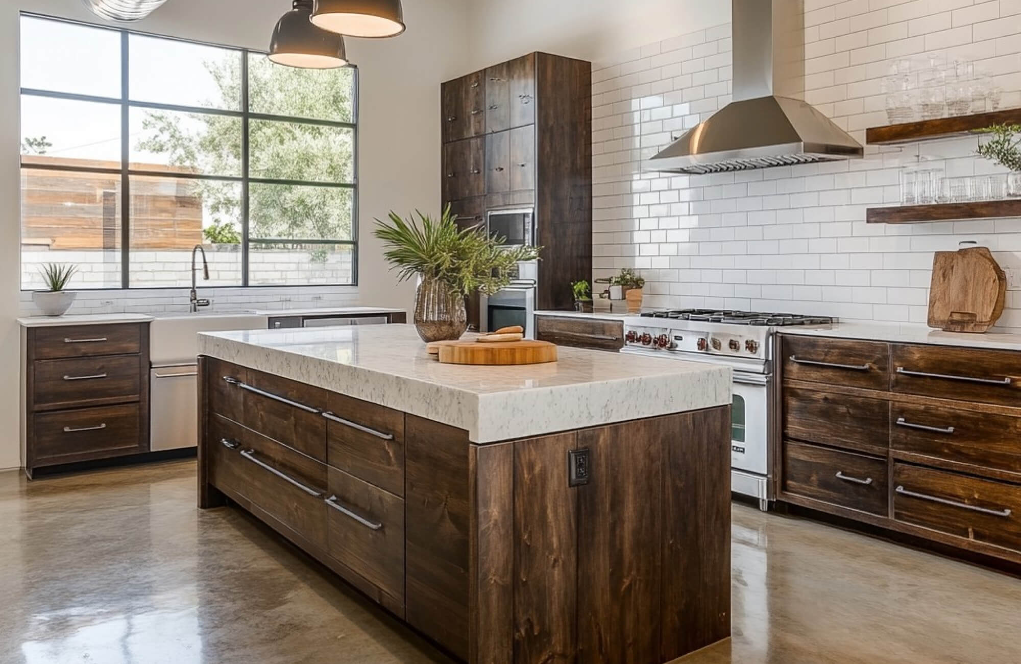 Contemporary kitchen featuring white subway tile backsplash, dark wood cabinetry, and a large marble countertop island with natural light streaming through large windows.