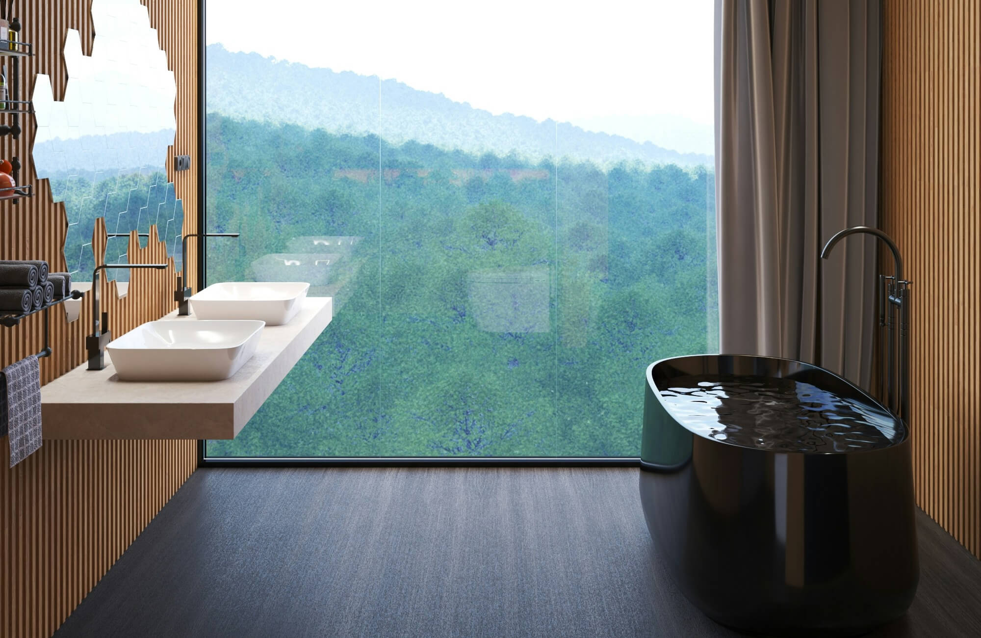 Modern bathroom with a floating dual-sink vanity, black freestanding tub, wood-textured walls, and a panoramic forest view.