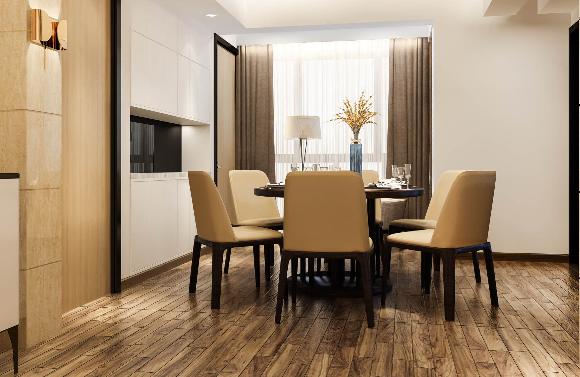 Modern dining room featuring wood-look tiles with a natural grain, complementing the neutral-toned chairs and round dining table in a bright, elegant space.