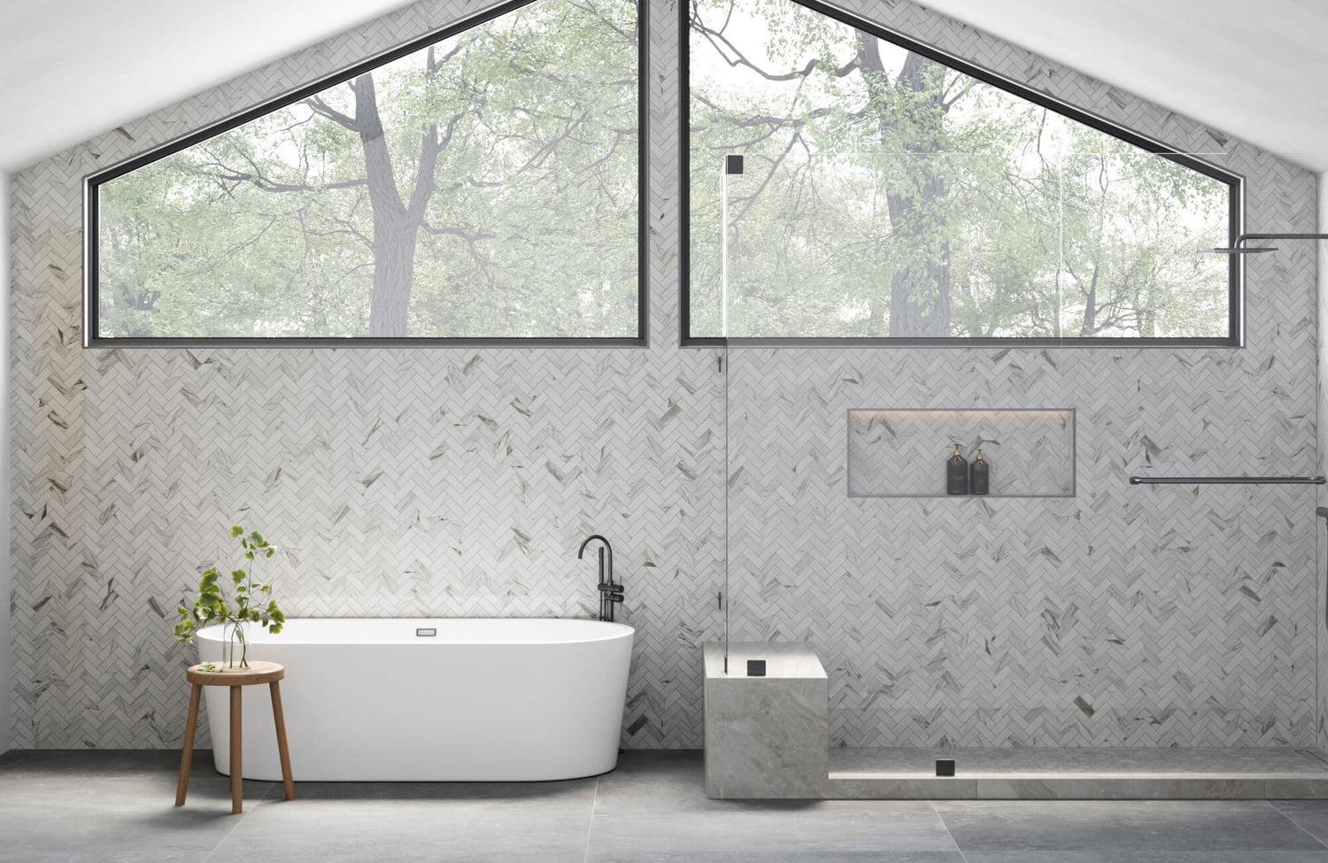 Minimalist bathroom with a freestanding bathtub, large windows, and white herringbone subway tiles, creating a serene and natural ambiance.