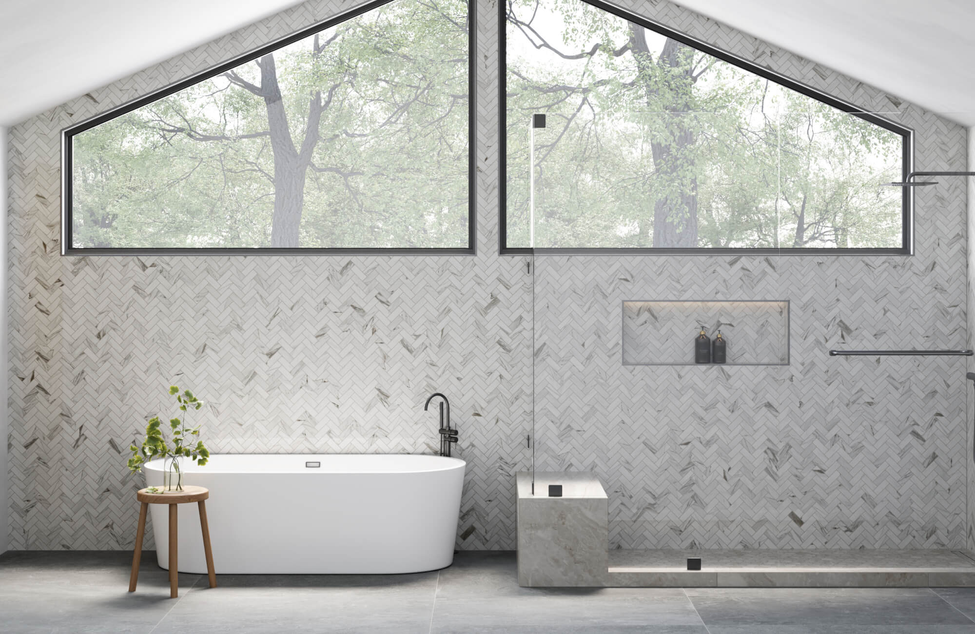 Minimalist bathroom with a freestanding bathtub, large windows, and white herringbone subway tiles, creating a serene and natural ambiance.