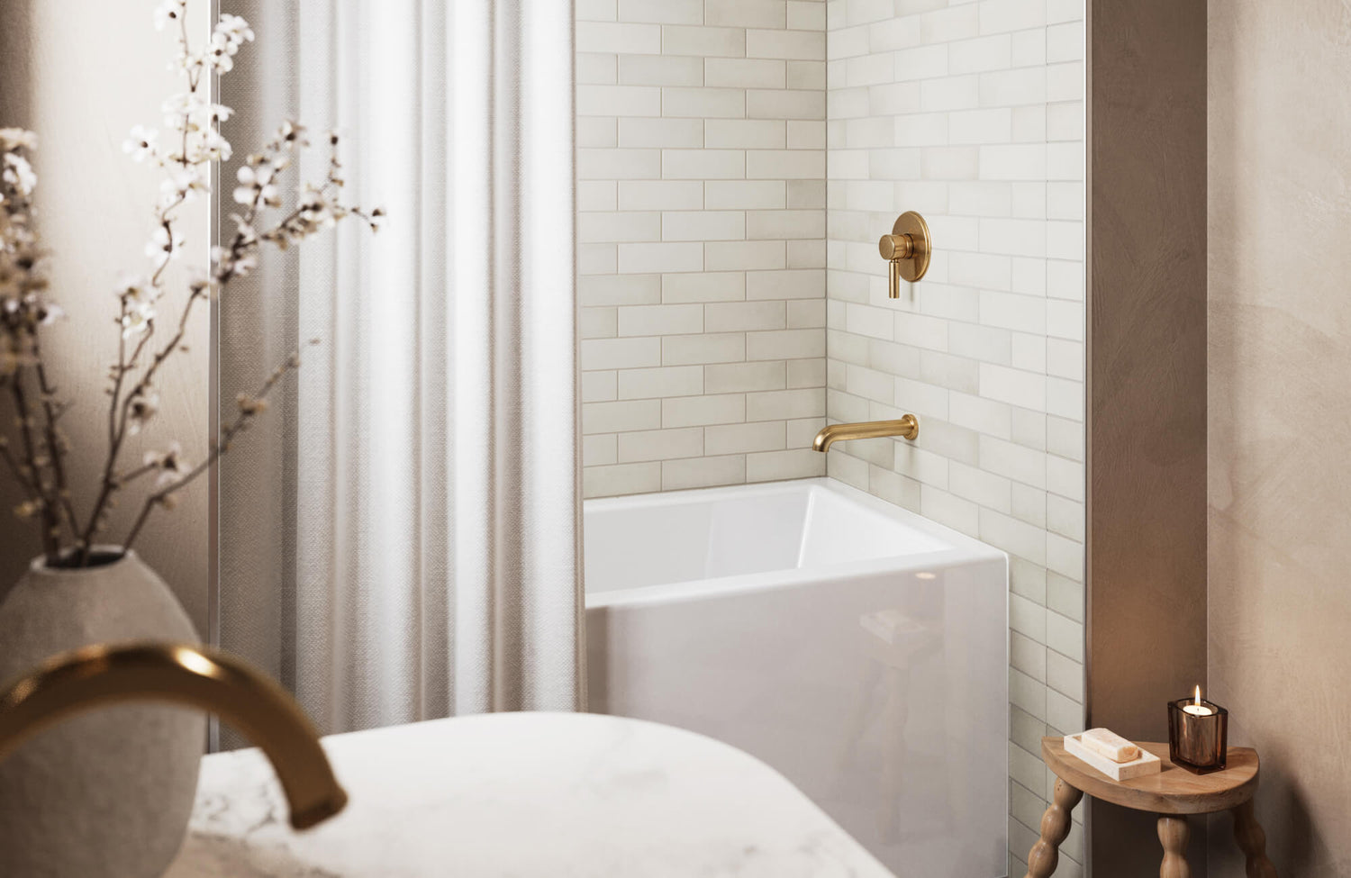 Cozy bathroom with soft cream subway tiles, brass fixtures, and a deep soaking tub, accented by natural wood and warm candlelight.