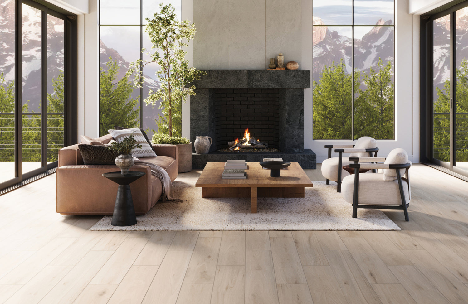 Modern living room with light wood-look tile flooring, a cozy fireplace, and panoramic windows offering a breathtaking mountain view.