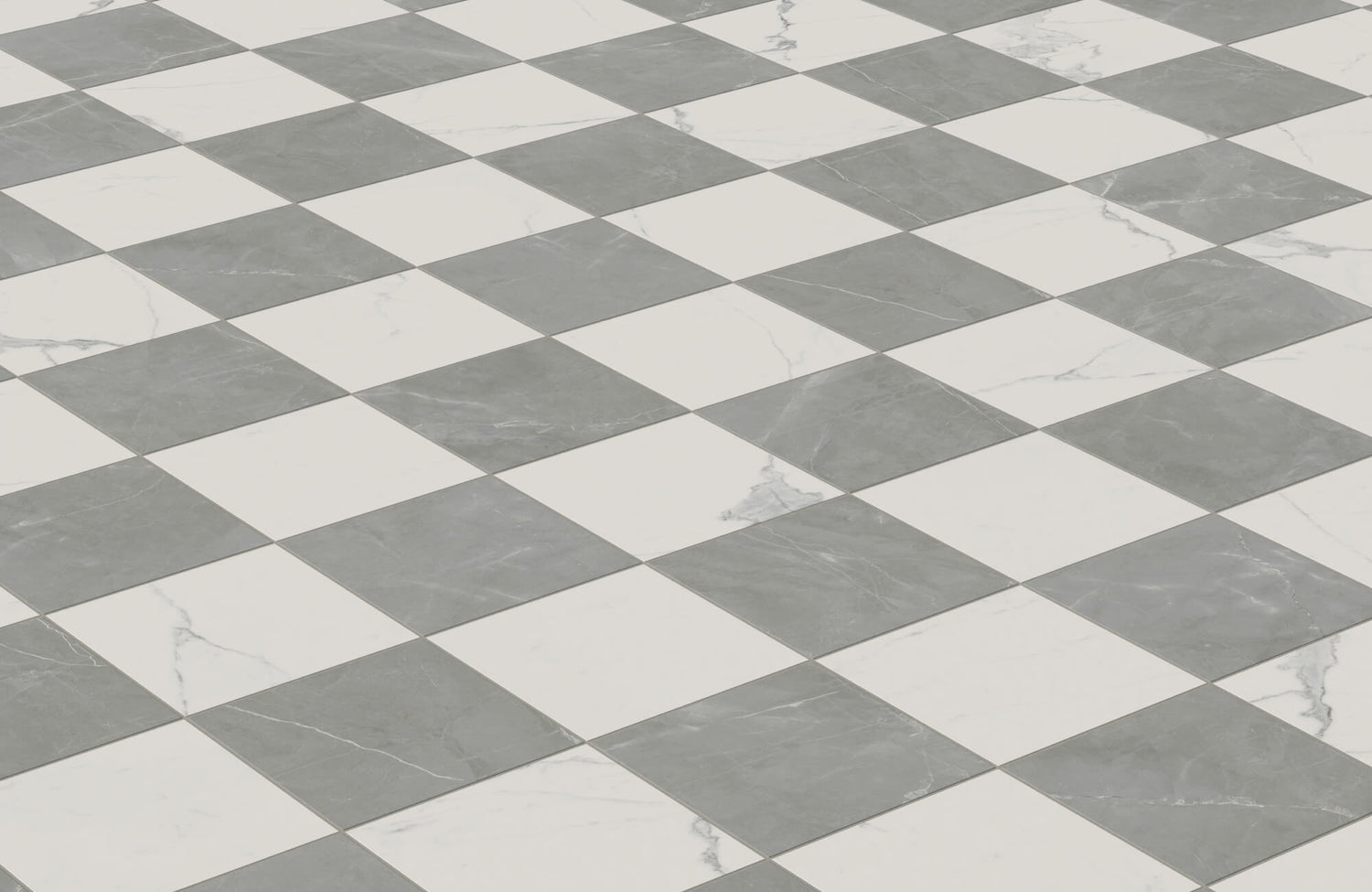 Elegant checkerboard floor tiles featuring alternating squares of white and grey marble, exuding a classic yet contemporary appeal.