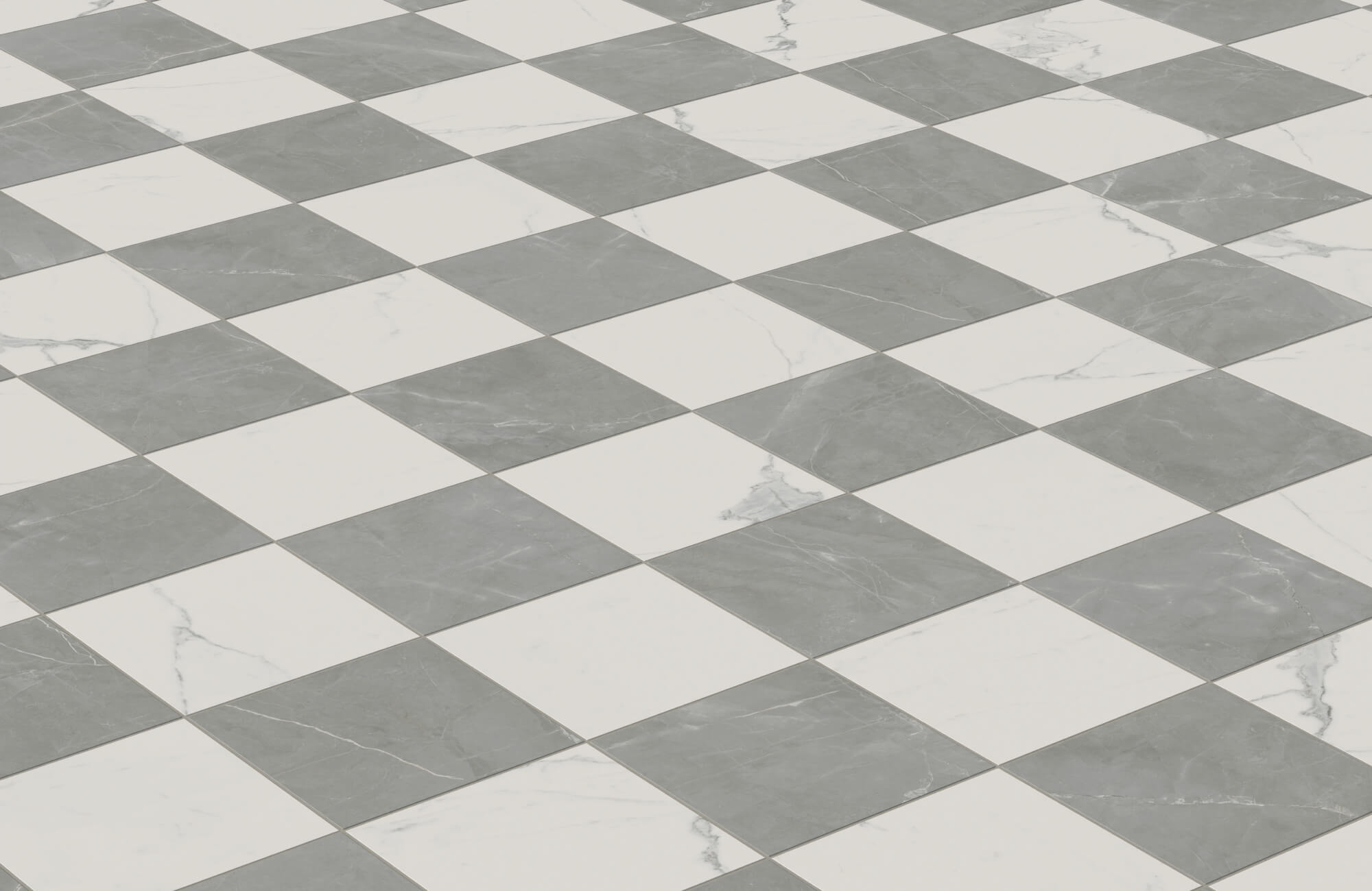 Elegant checkerboard floor tiles featuring alternating squares of white and grey marble, exuding a classic yet contemporary appeal.