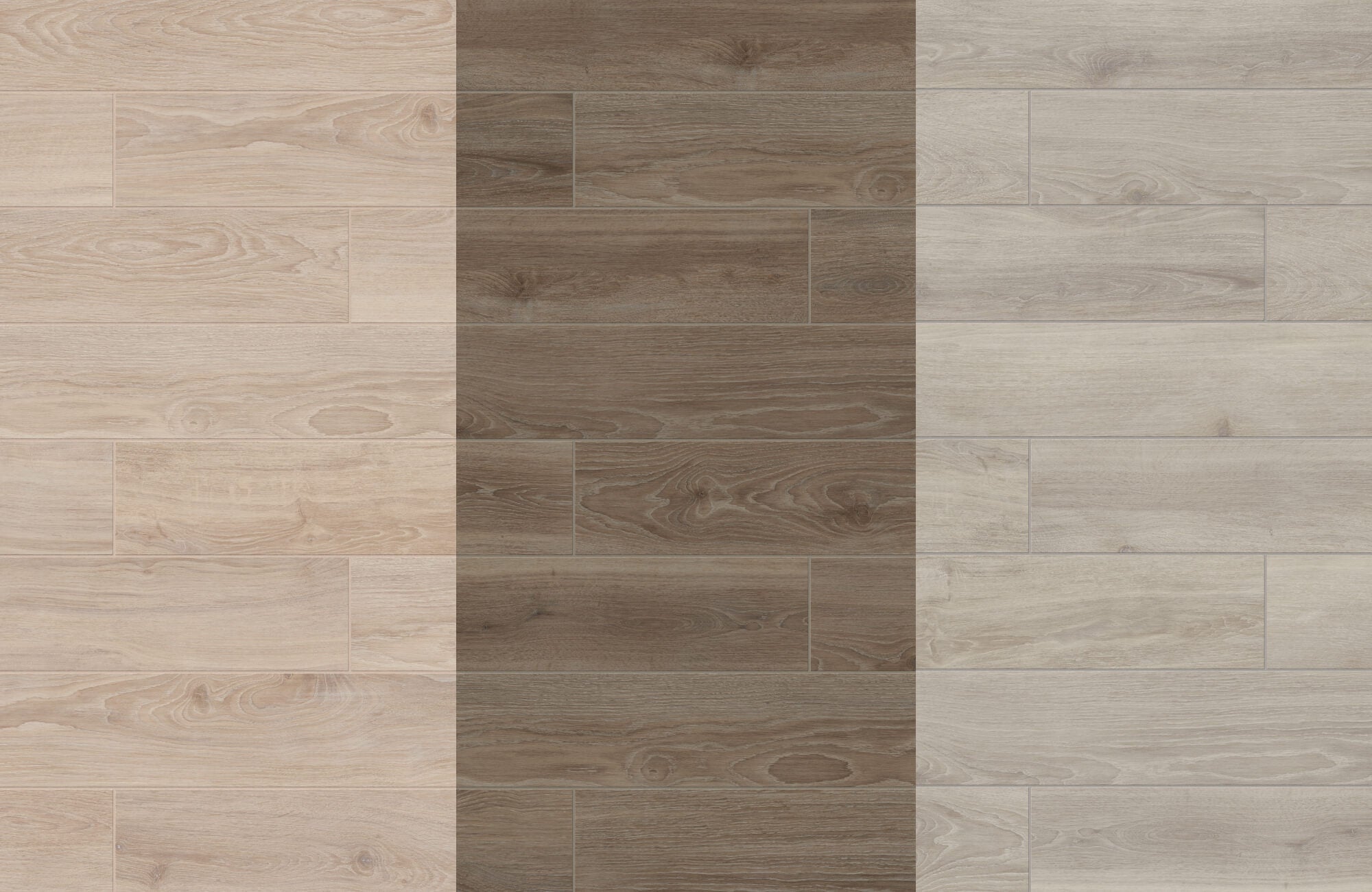 Comparison of beige, taupe, and brown wood-look tiles, showcasing natural grain textures and versatile tones for various room styles.