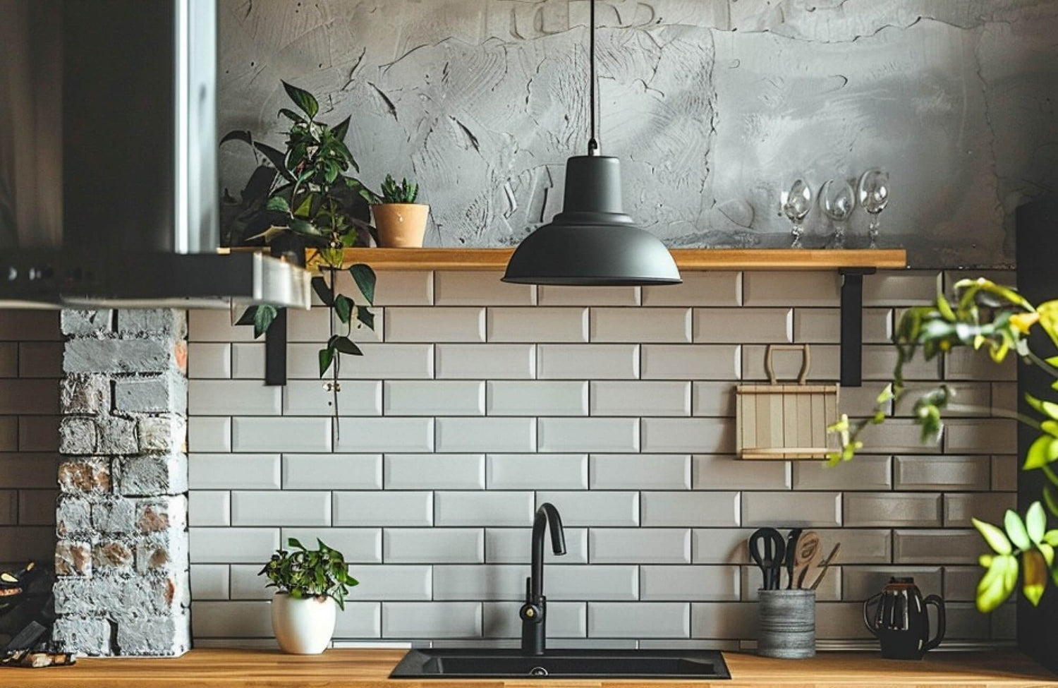 Stylish outdoor kitchen featuring white subway tile backsplash, wooden countertops, and vibrant greenery for a fresh, modern look.