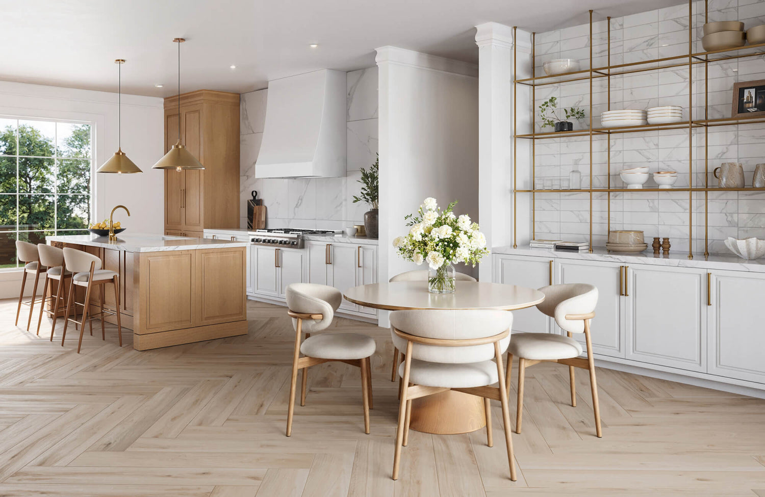 Bright kitchen with light wood herringbone floor, marble countertops, and brass accents exudes modern elegance, perfect for gatherings.