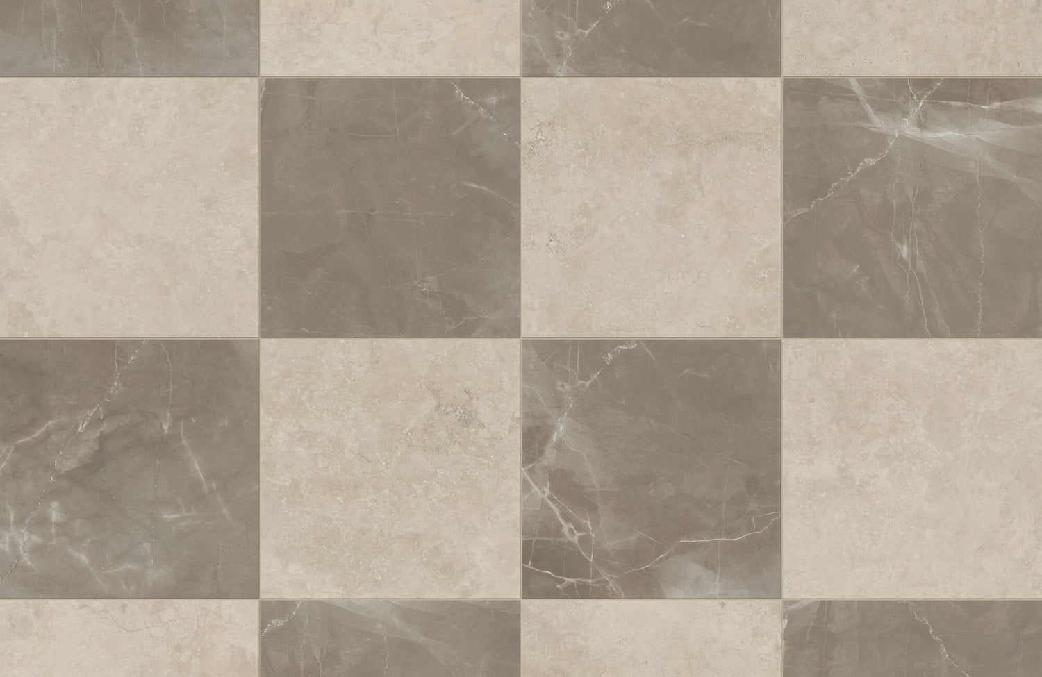 Elegant checkerboard pattern featuring Leona 12x12 Matte Porcelain Tiles in contrasting Marfil and Amani Bronze shades, exuding classic style.