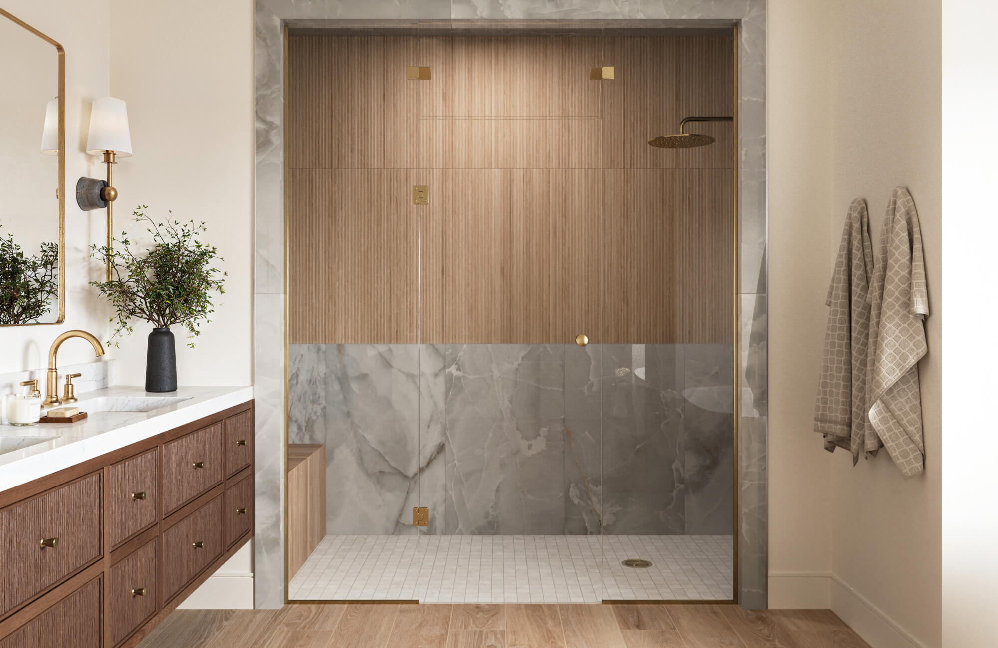 A luxurious bathroom featuring marble-look tiles, natural wood accents, and gold fixtures, creating a serene and sophisticated retreat.