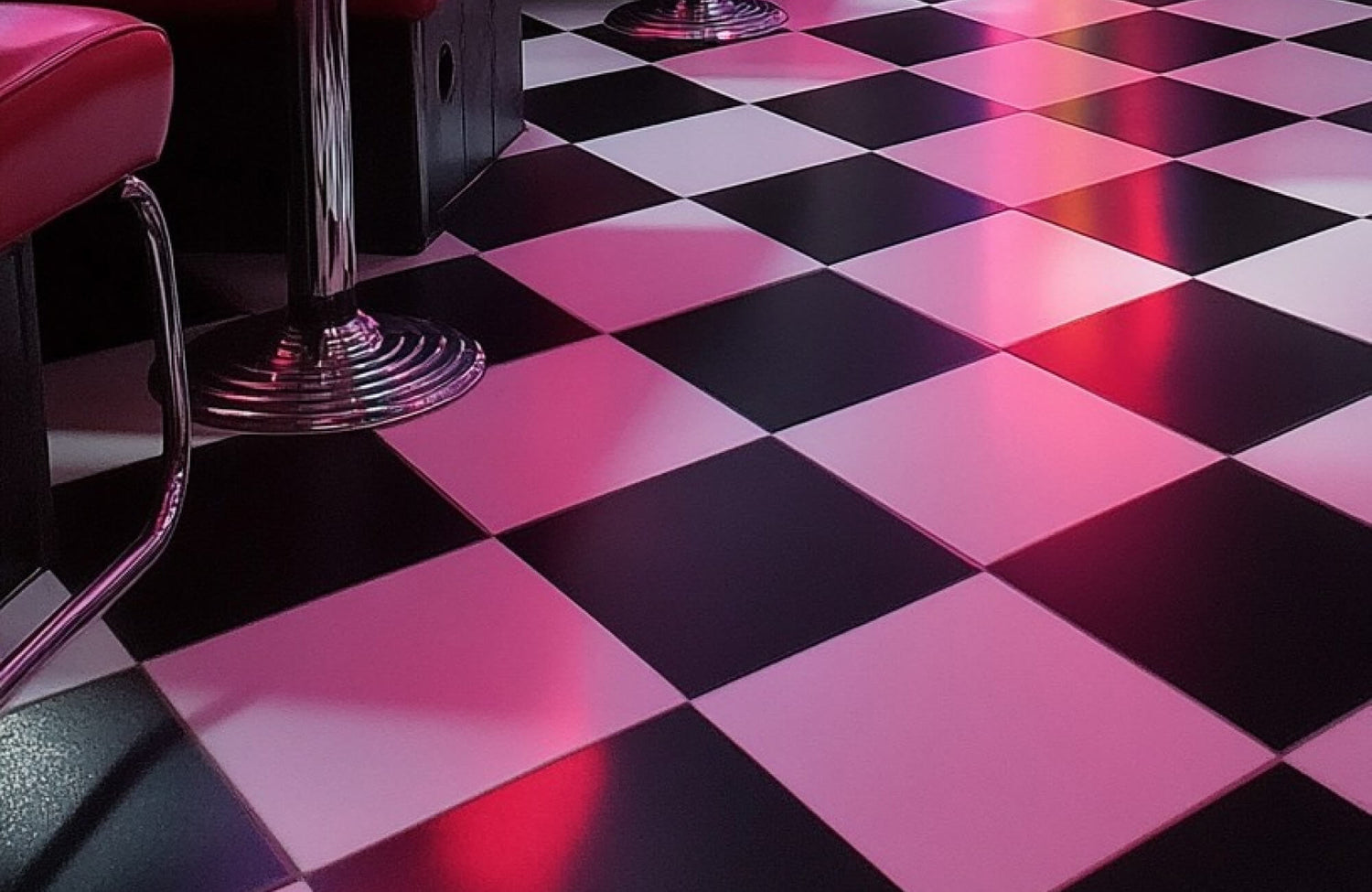 Retro-style diner floor with black-and-white matte checkerboard tiles illuminated by pink neon lighting, creating a vibrant and nostalgic atmosphere.