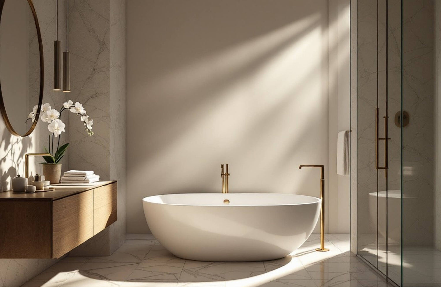 Elegant bathroom with a freestanding white tub, brass fixtures, and marble-look tiles, bathed in warm natural light and decorated with orchids.