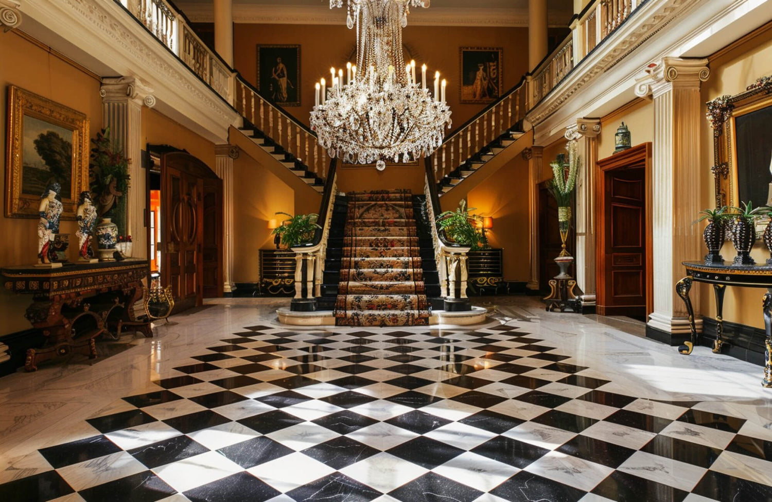 Ornate grand entryway with a checkerboard marble tile floor reflecting elegant black-and-white tones, complemented by a majestic staircase and opulent chandelier.