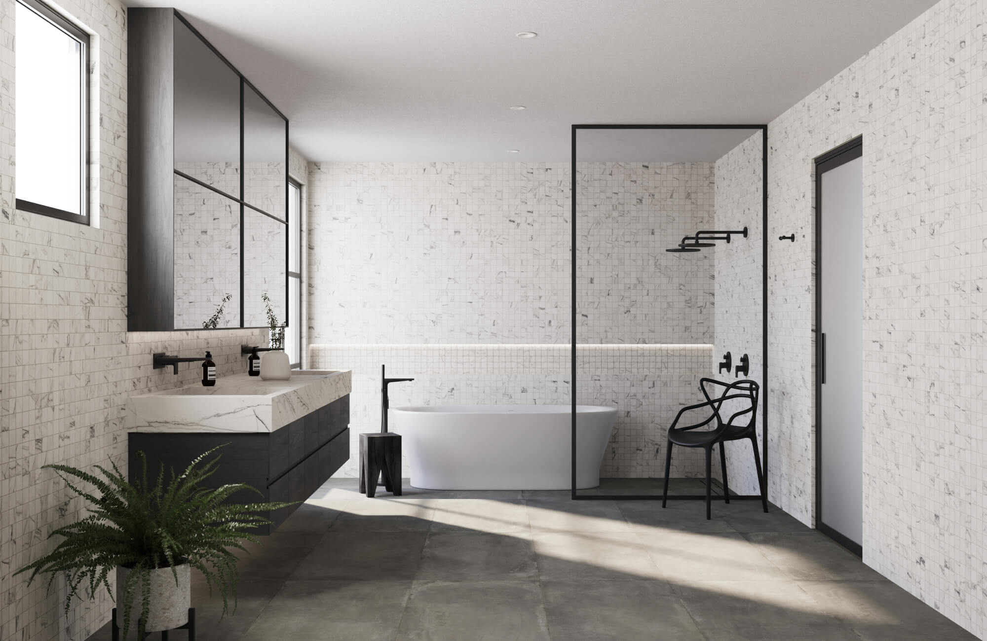 Modern bathroom with a white freestanding bathtub and black fixtures and walls that feature a textured mosaic tile pattern in white with gray veining.