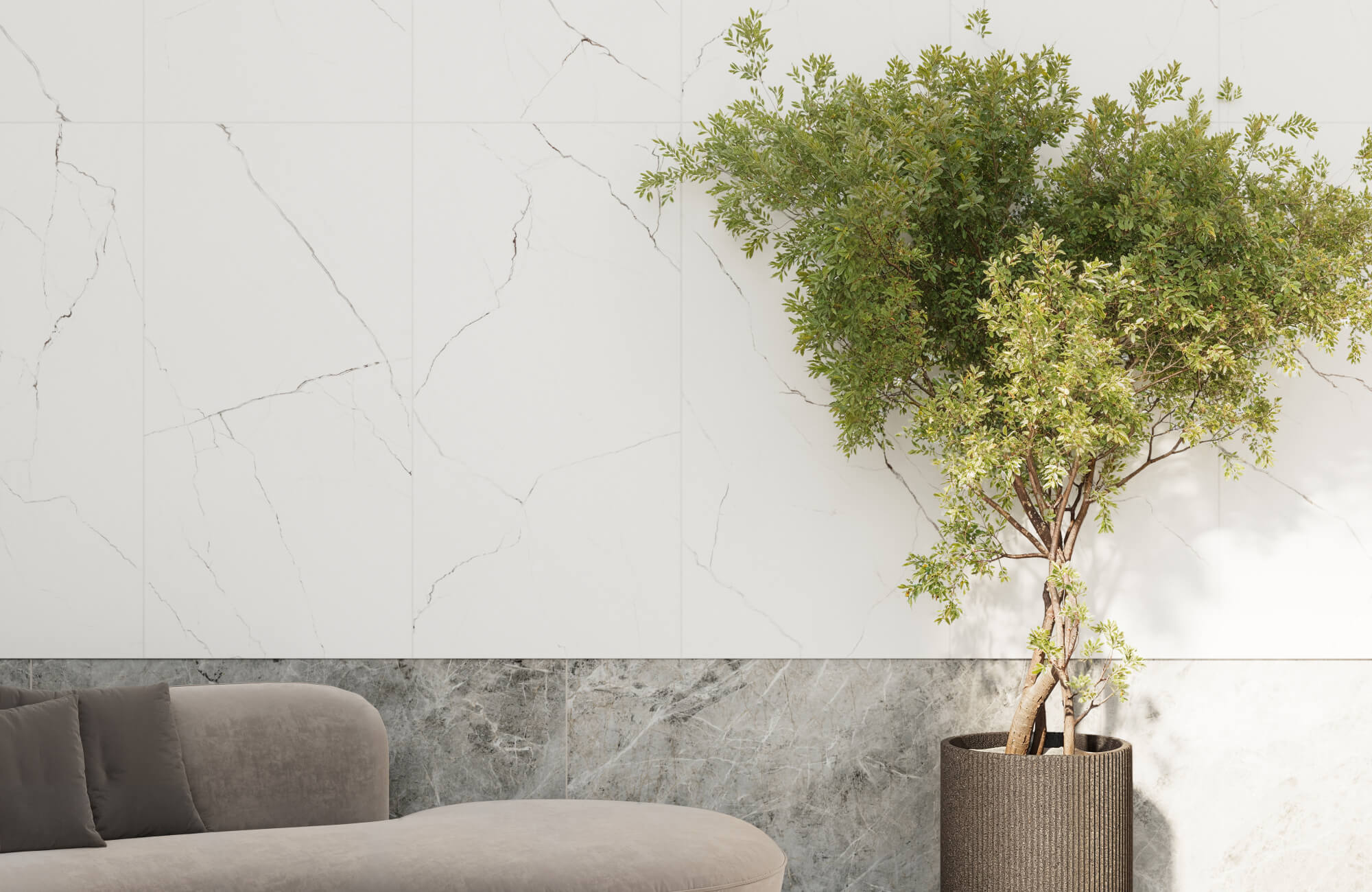 Modern interior with a minimalist marble wall, a textured stone accent, a sleek curved sofa, and a lush potted tree for natural warmth.