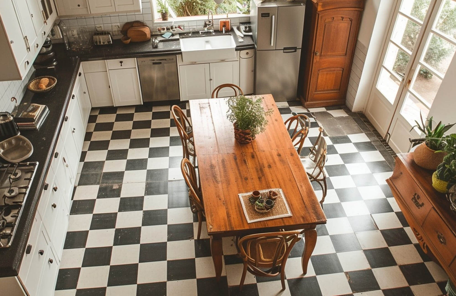 Rustic kitchen featuring a wooden dining table, bentwood chairs, and black-and-white checkered floor tiles for a vintage charm.