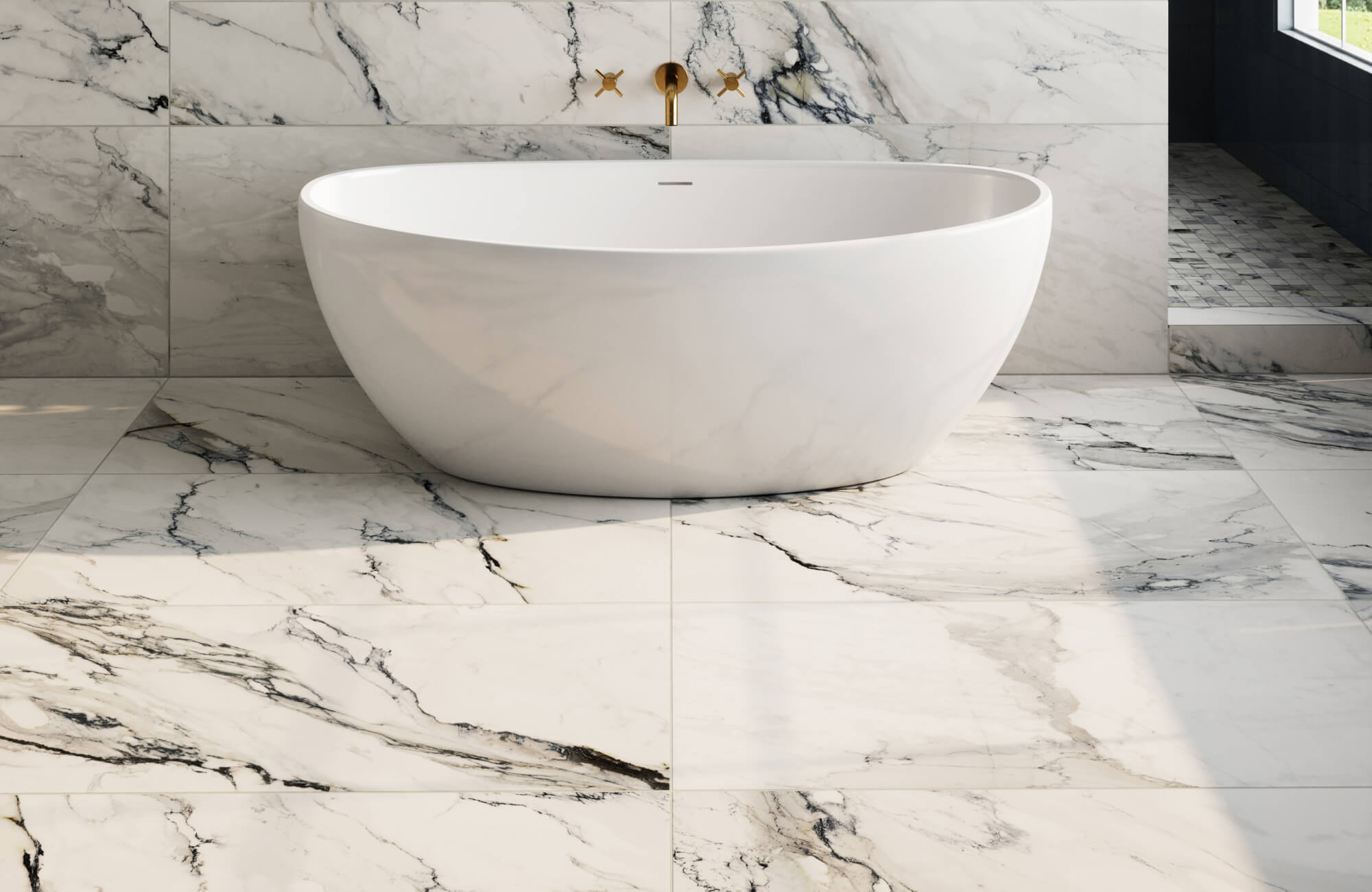 Luxurious marble look tiles showcasing intricate gray and gold veining over a pristine white surface, adding timeless elegance and sophistication to any interior.