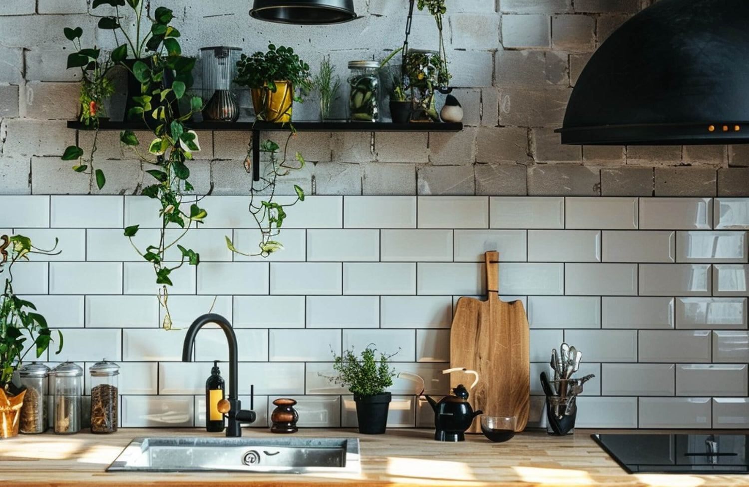 Elegant white subway tiles form a crisp backsplash in this cozy kitchen, paired with rustic elements like a wooden countertop and lush hanging plants.