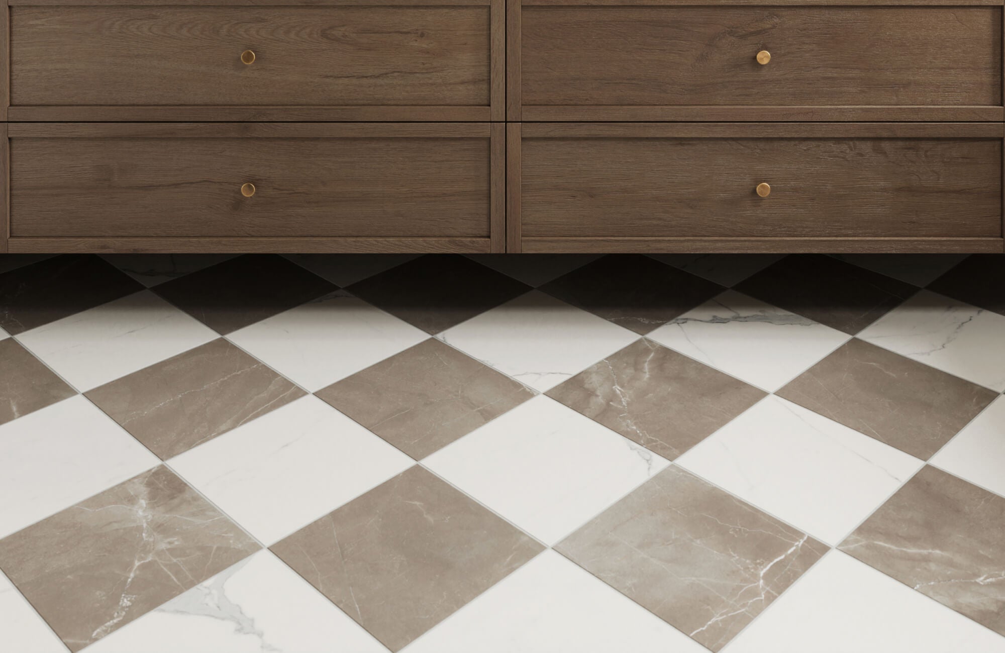 Close-up of taupe and white checkered marble tiles paired with rich wooden cabinetry featuring minimalist brass knobs for a timeless aesthetic