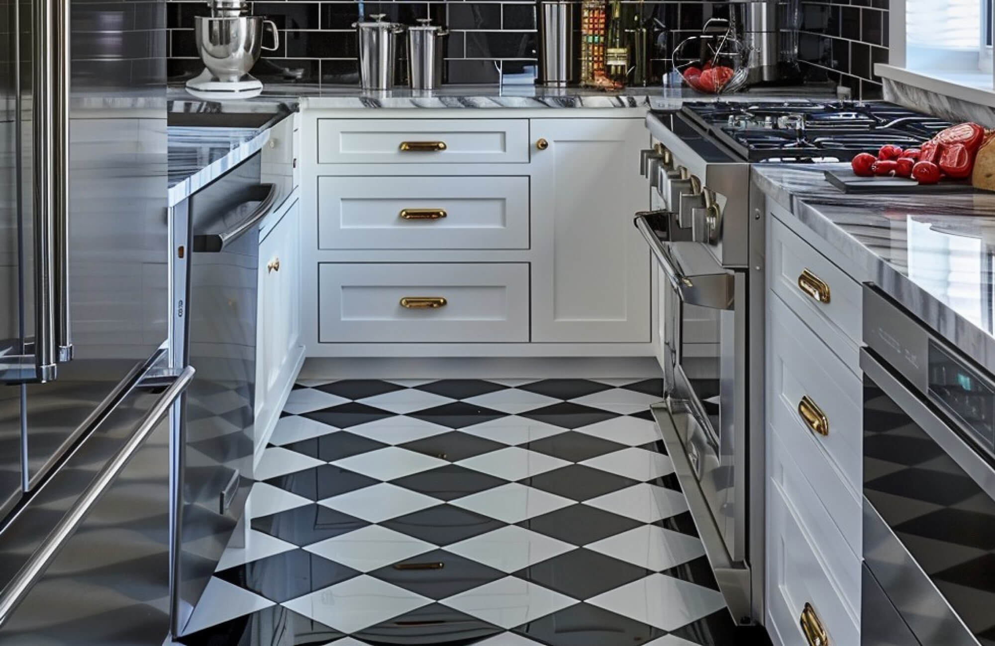 Sleek kitchen with glossy black-and-white checkerboard floor tiles, white cabinetry with brass accents, and stainless steel appliances, creating a modern, polished look.