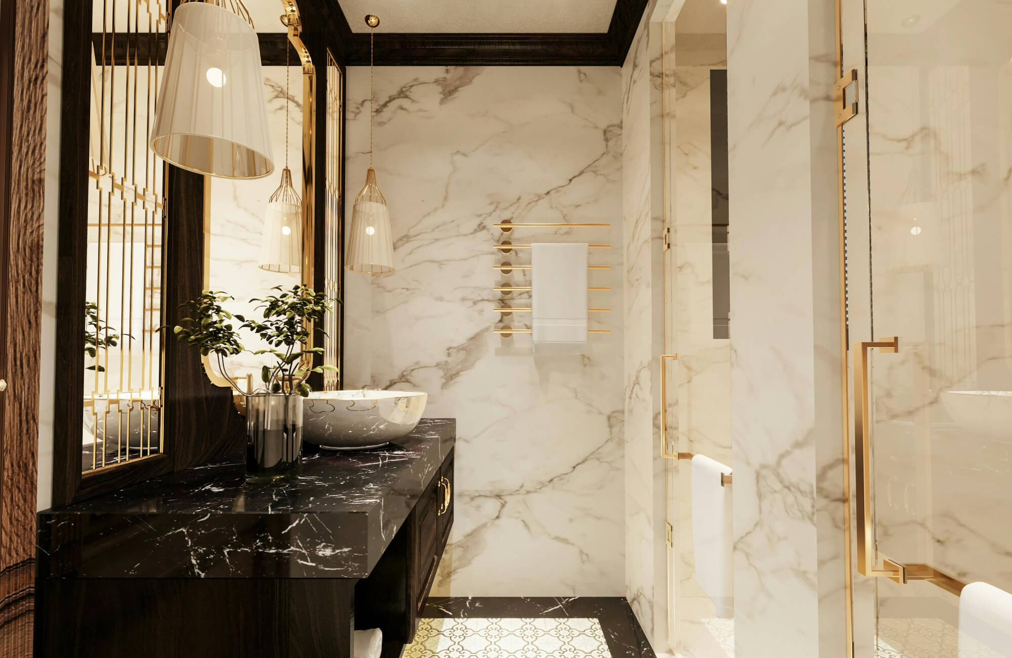 Luxurious bathroom with marble walls, black marble vanity, gold accents, and elegant pendant lighting.