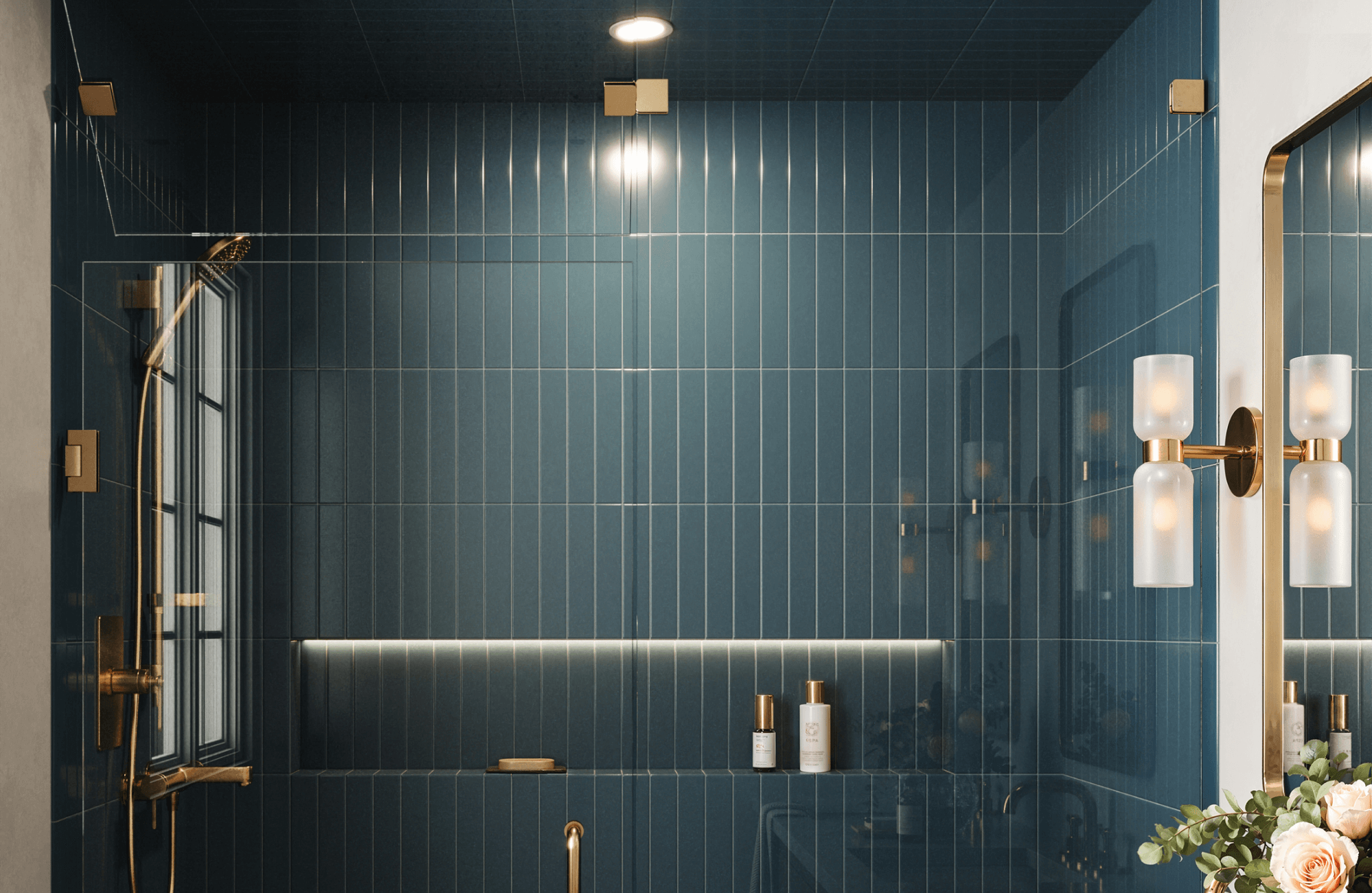 Modern shower with glossy navy blue subway tiles, brass fixtures, and sleek lighting, creating a bold and elegant space with luxurious details.